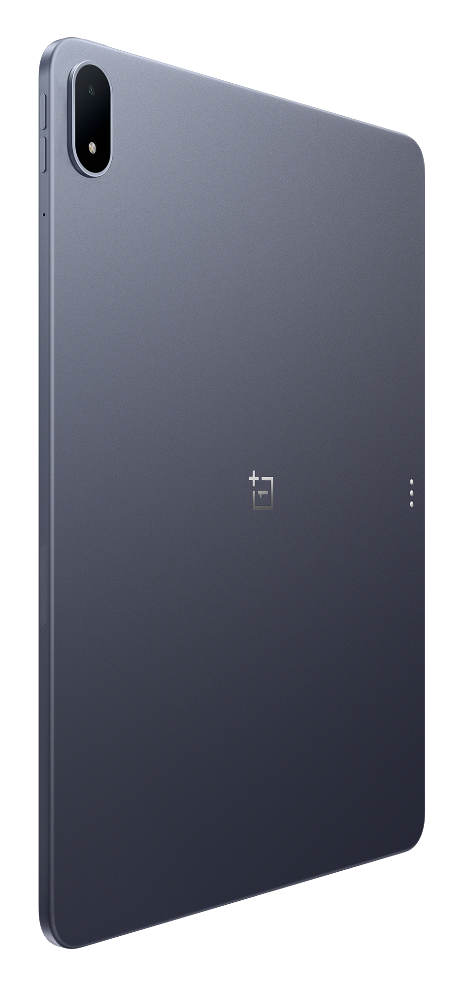 Ciemnoniebieski tablet na czarnym tle. Aparat i logo OnePlus. Trzy kropki po prawej.
