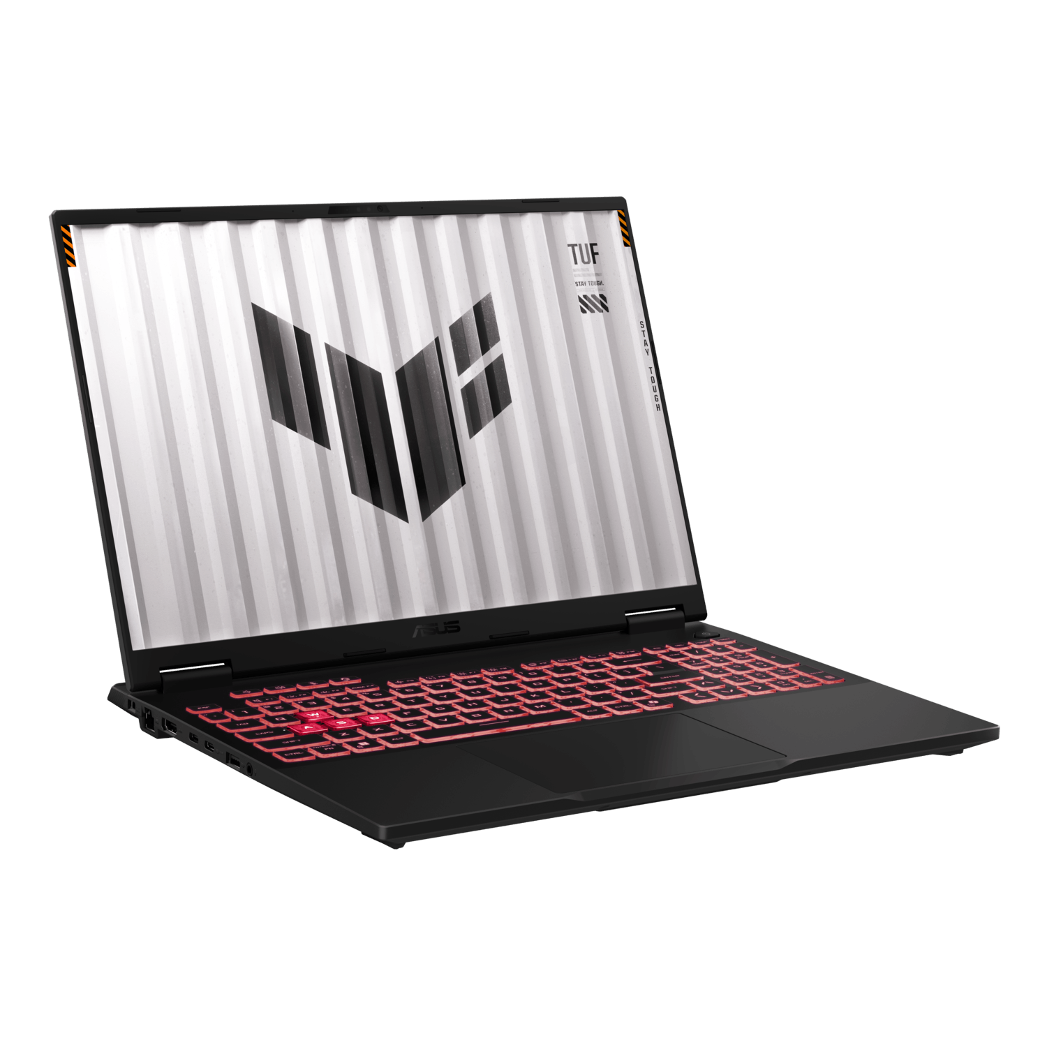 Black laptop with red backlit keyboard, displaying a white graphic on the screen, angled view.