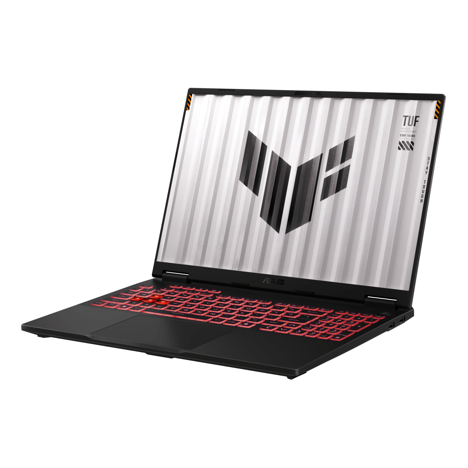 Black laptop with red backlit keyboard, displaying a white graphic on the screen, angled view.