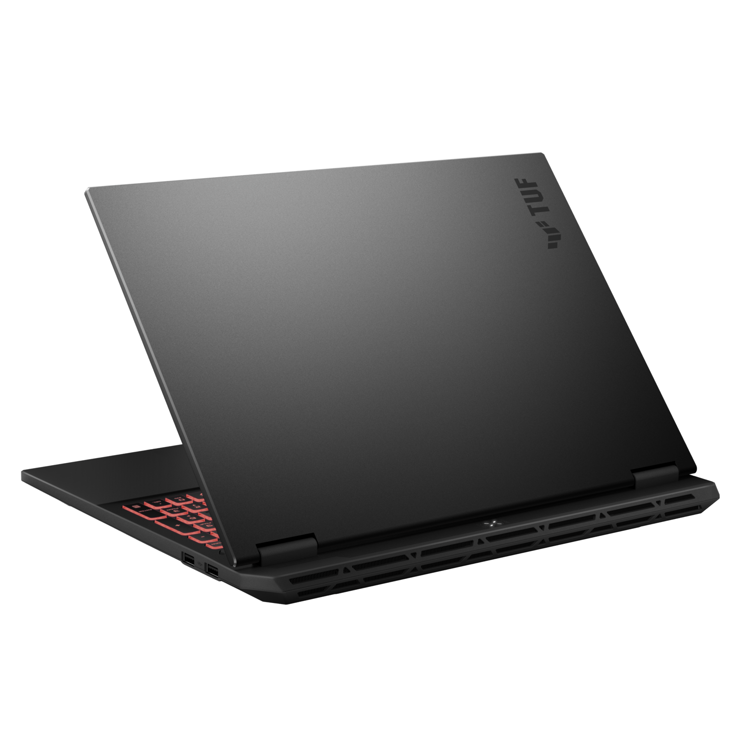 Back view of a black laptop with a red backlit keyboard and the lid partially open.