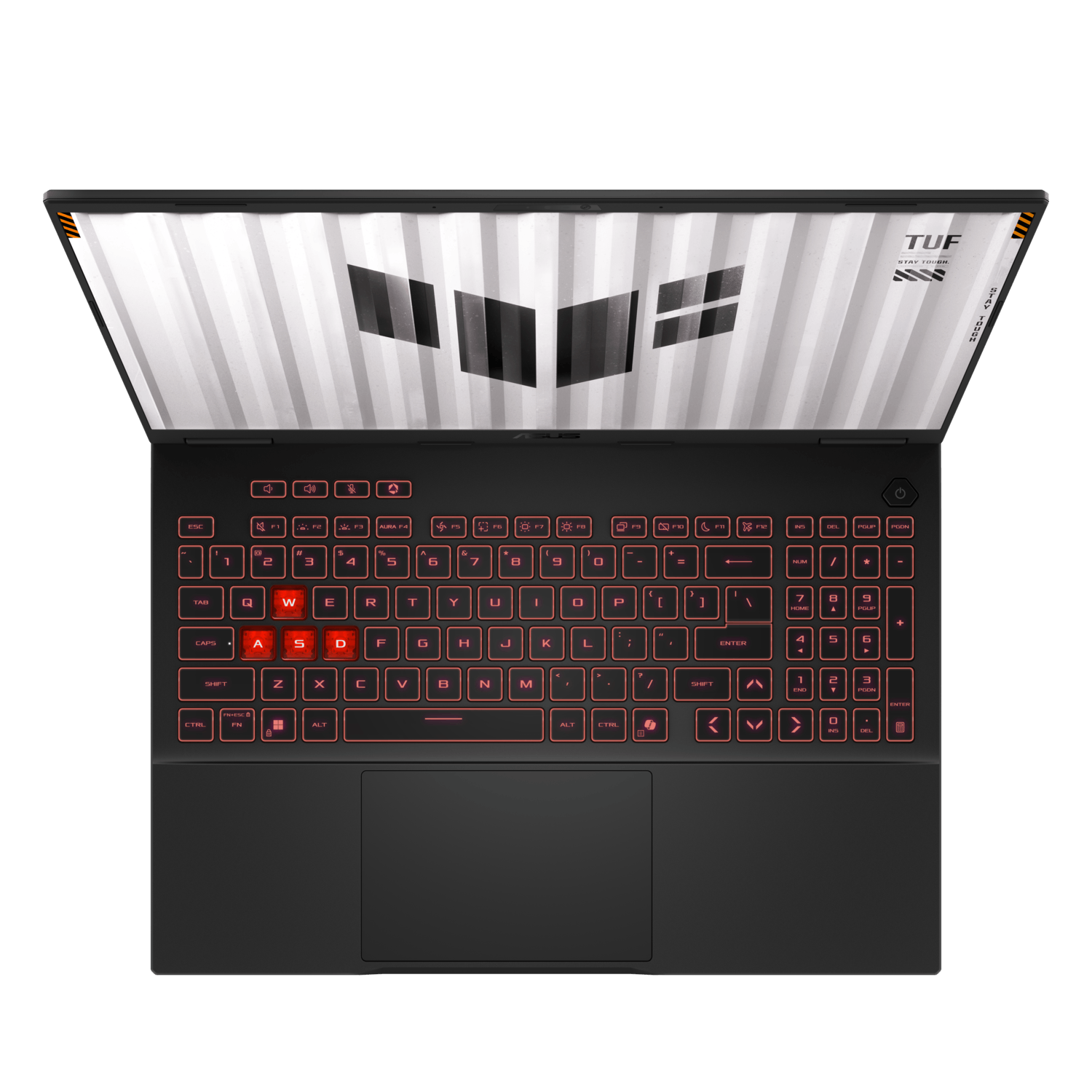 Black laptop, top view, showing the red backlit keyboard and the screen.