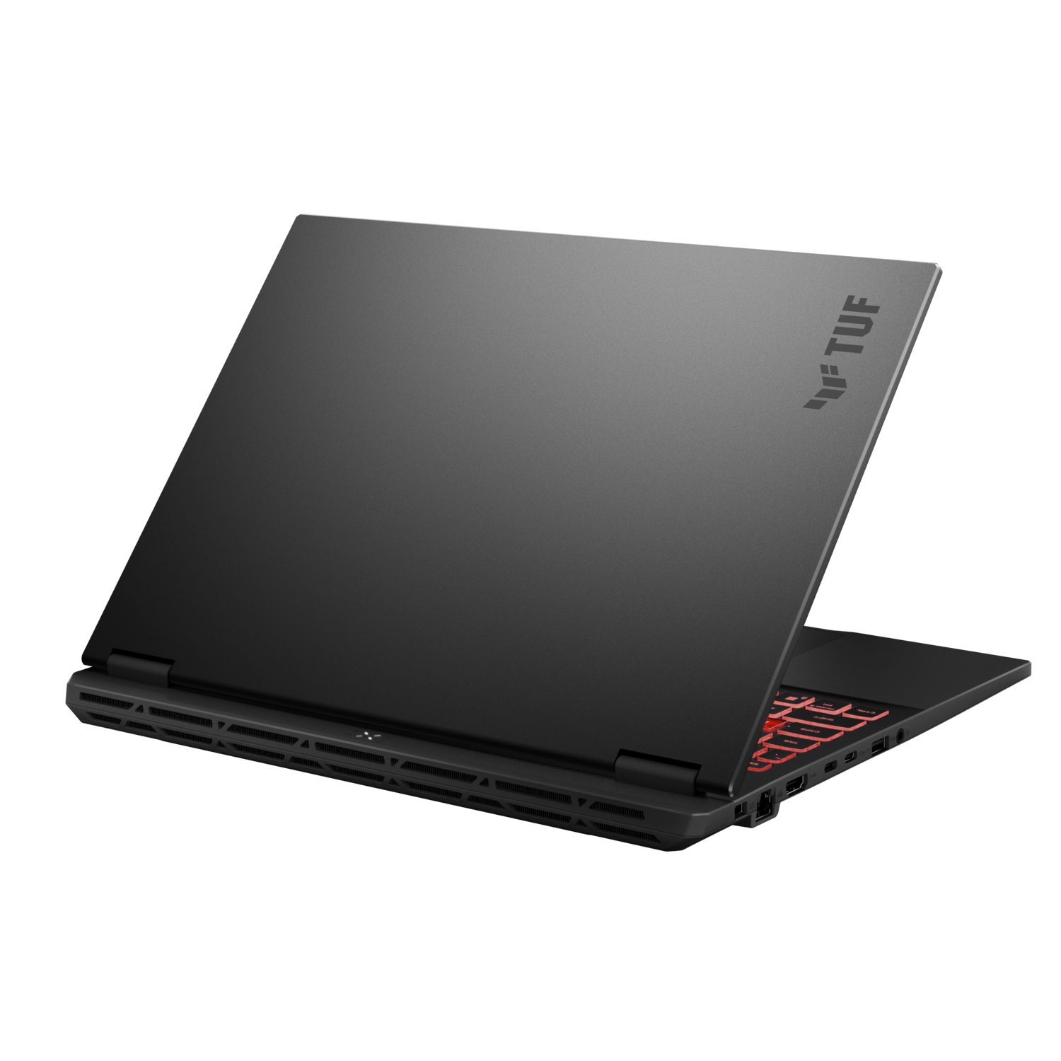 Back view of a black laptop with the lid partially open, showing the red backlit keyboard.