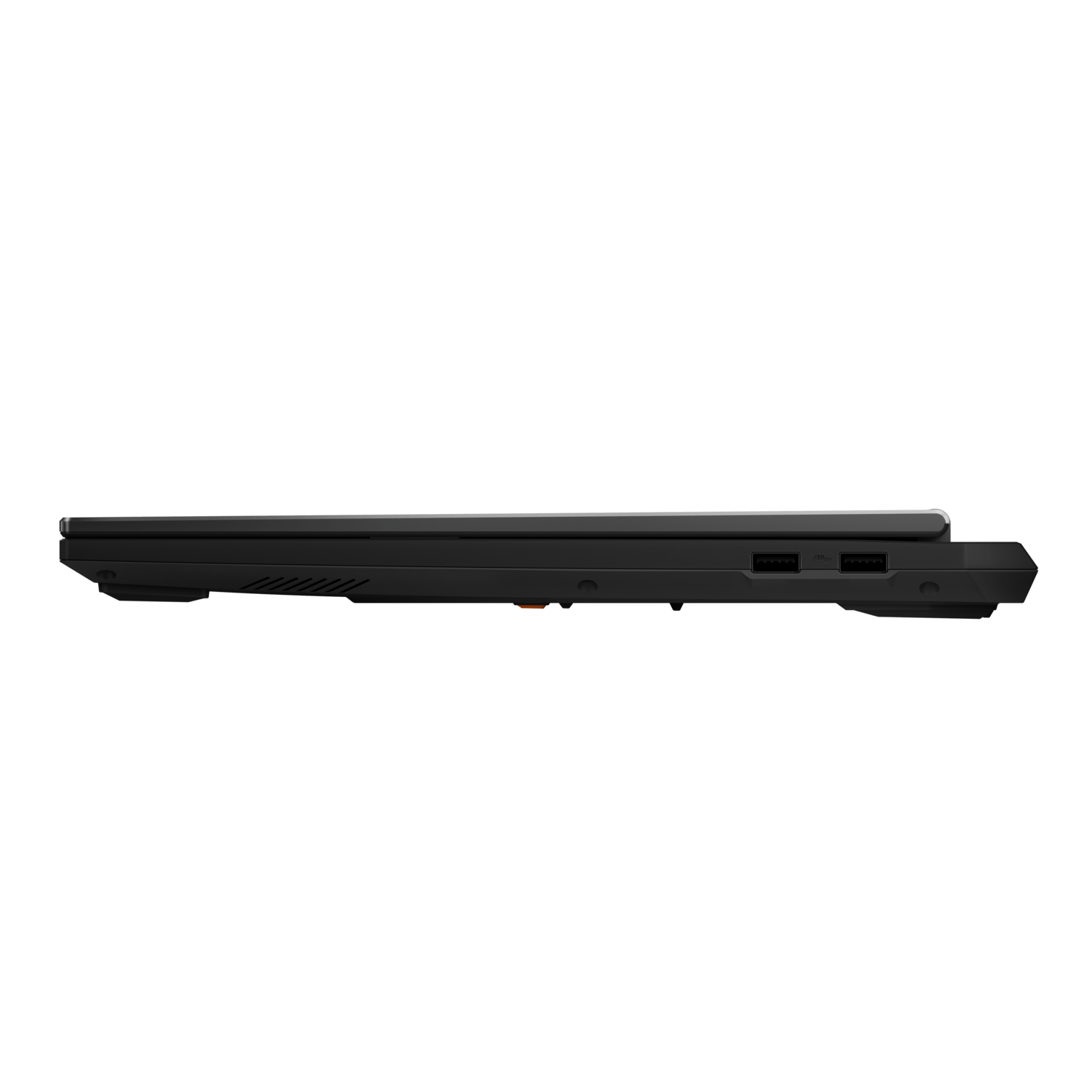 Side view of a black laptop, showing the ports and the thickness of the device.
