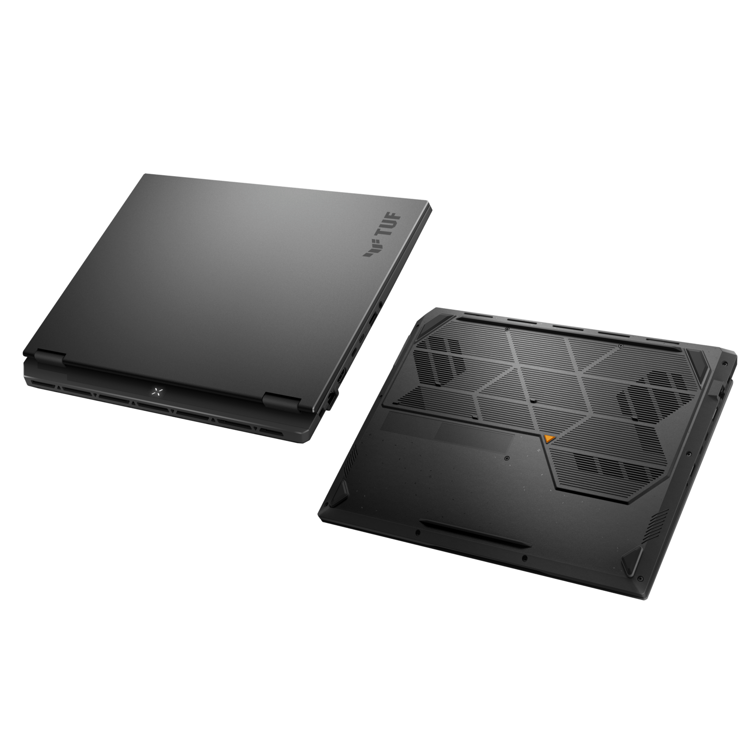 Black laptop, open, showing the screen and the bottom view.