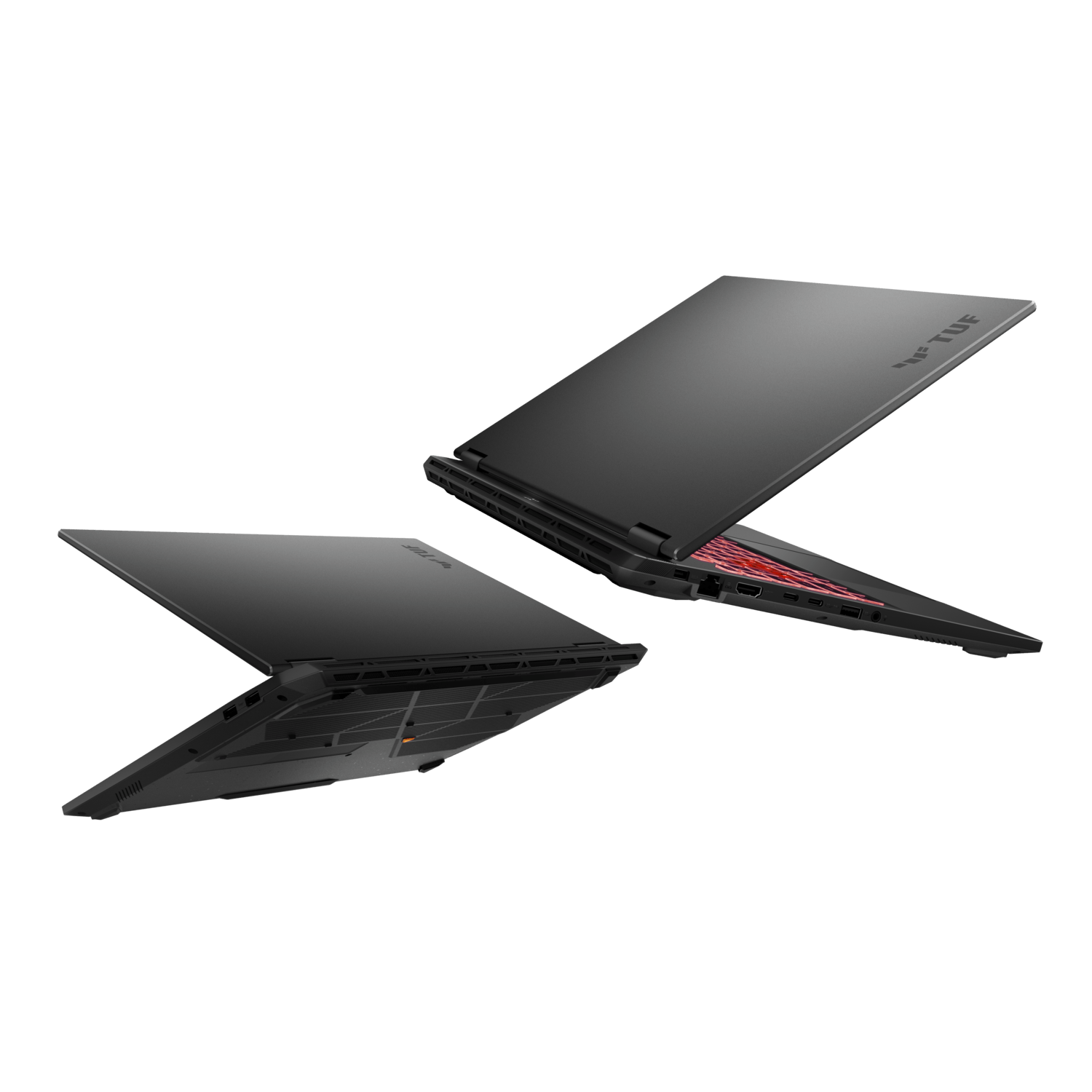 Black laptop, showing the screen and the bottom view, open.
