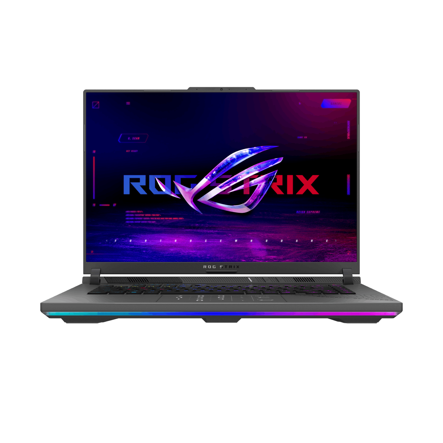 ROG Strix laptop, scherm aan. Toont ROG logo met kleurrijke lijnen. Zwart en grijs.