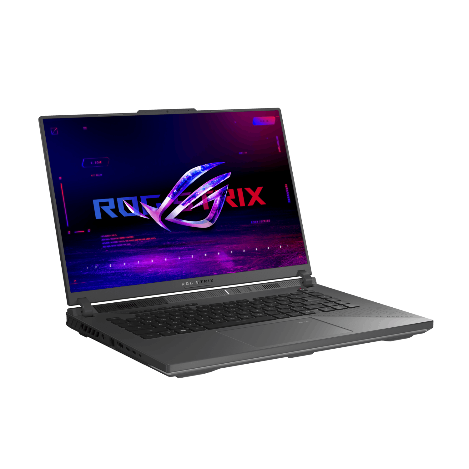 ROG Strix laptop onder een hoek geopend. Scherm aan, toont ROG logo. Zwart en grijs.
