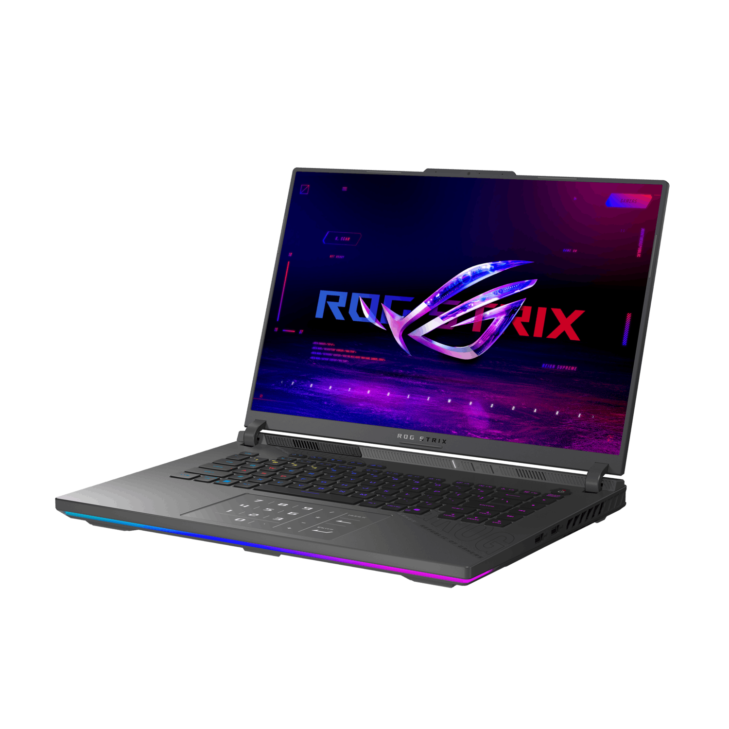 ROG Strix laptop onder een hoek. Scherm aan, toont ROG logo met kleurrijke lijnen.