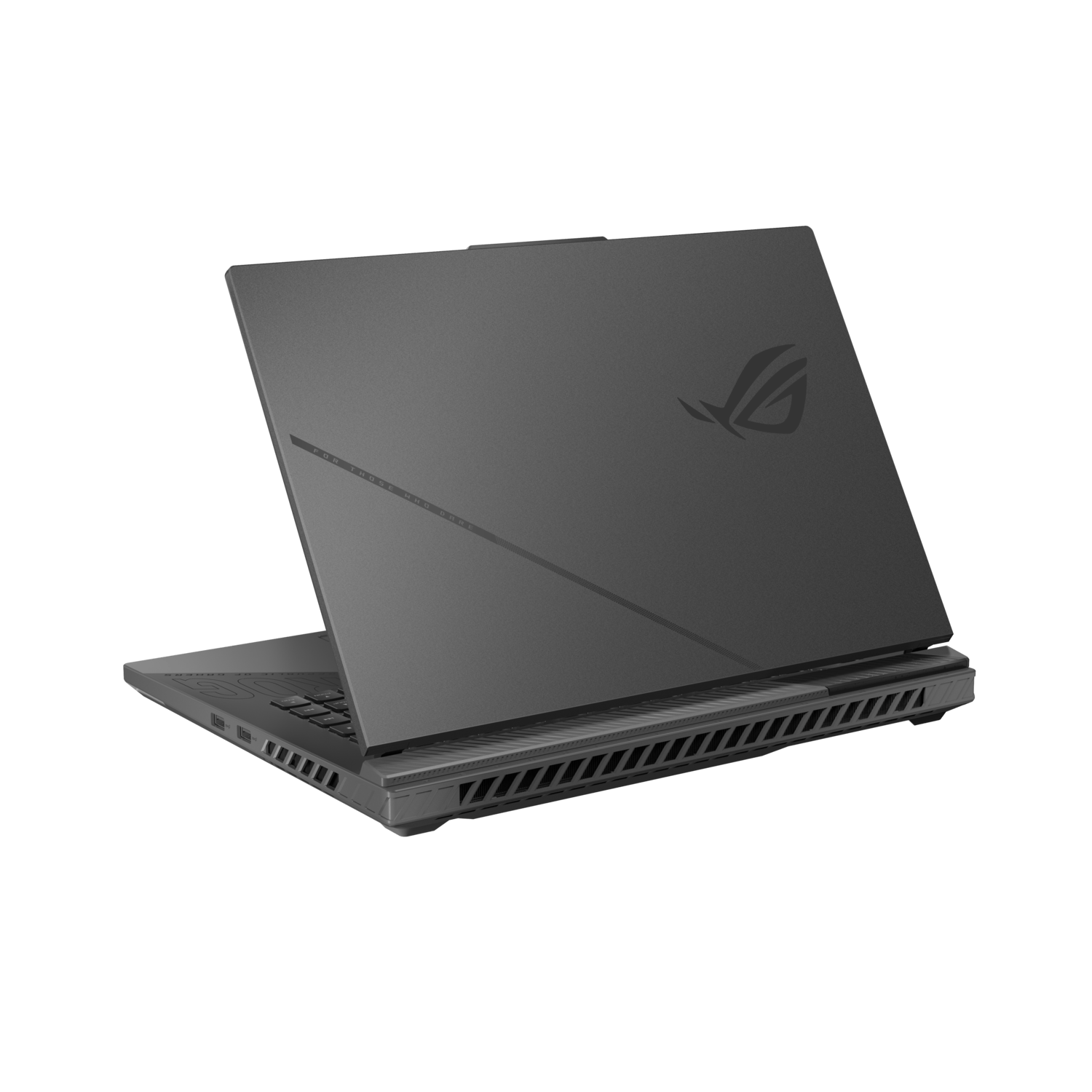 Achterkant van zwarte ROG Strix laptop. Toont ontwerp en ROG logo.