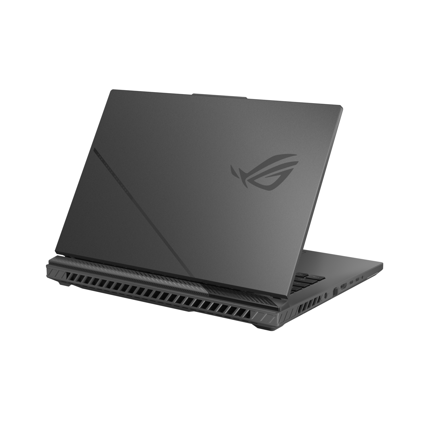 Donkergrijze laptop, open. De achterkant heeft een logo. Witte achtergrond.