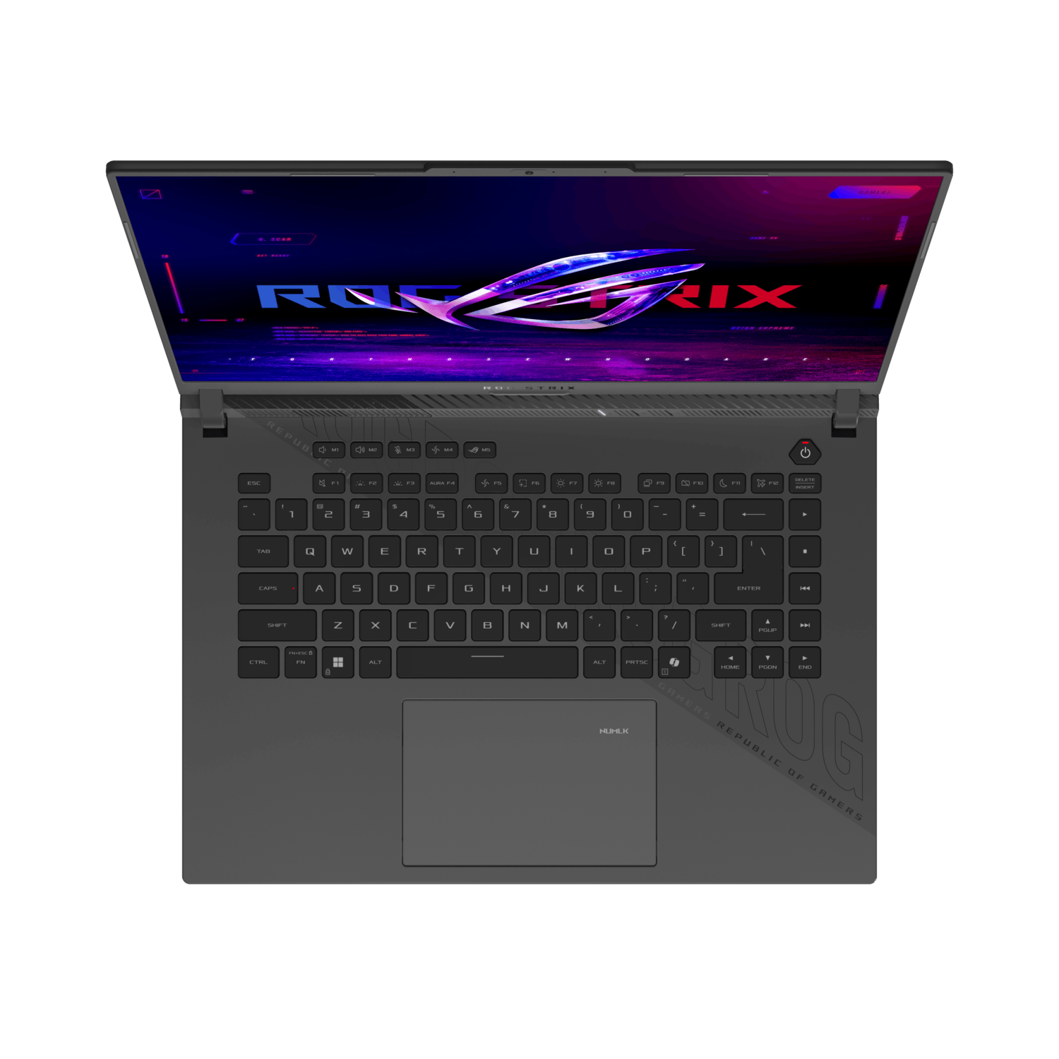 Bovenaanzicht van een donkergrijze laptop, open met toetsenbord en scherm.