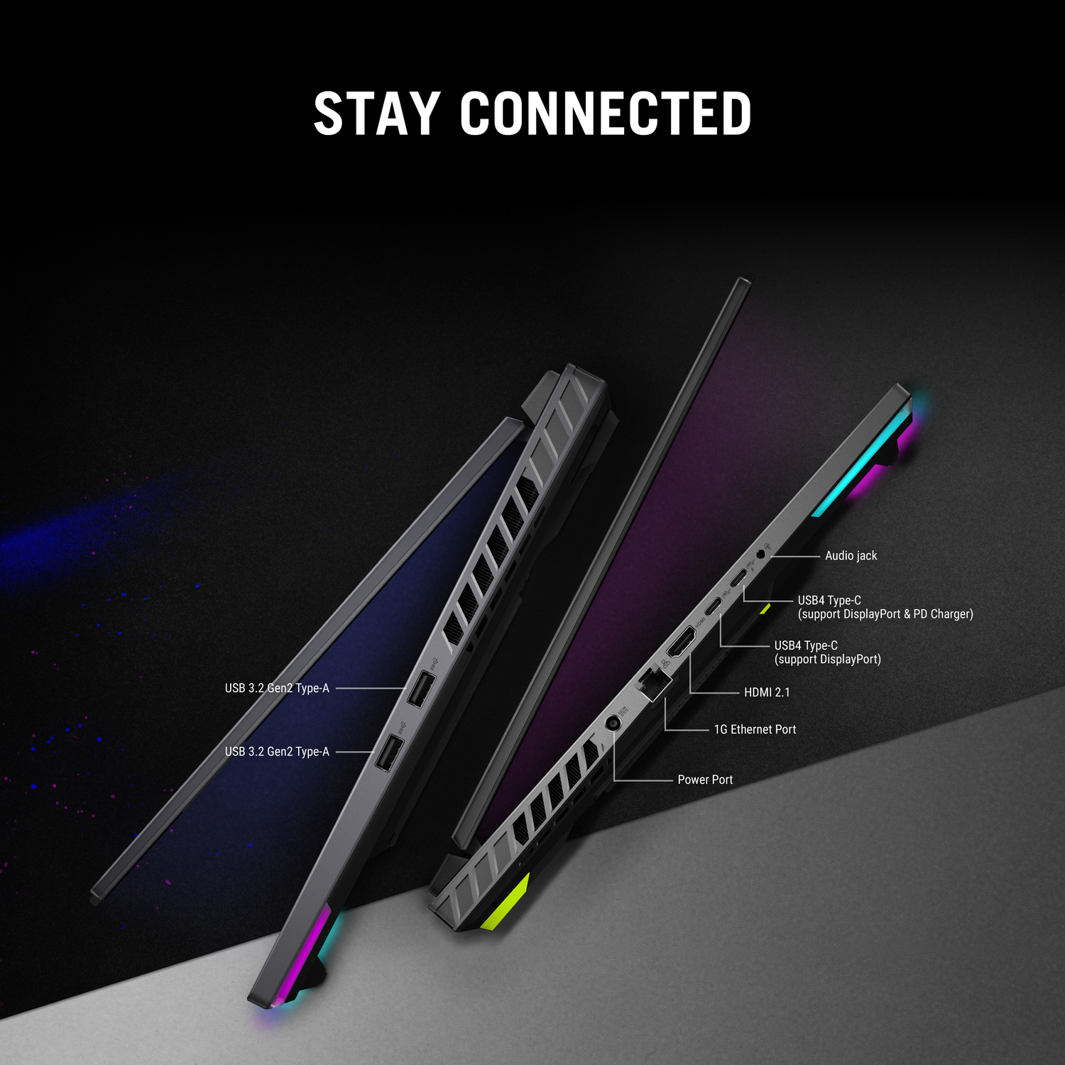 Twee laptops met poorten, witte achtergrond en tekst 'STAY CONNECTED'.