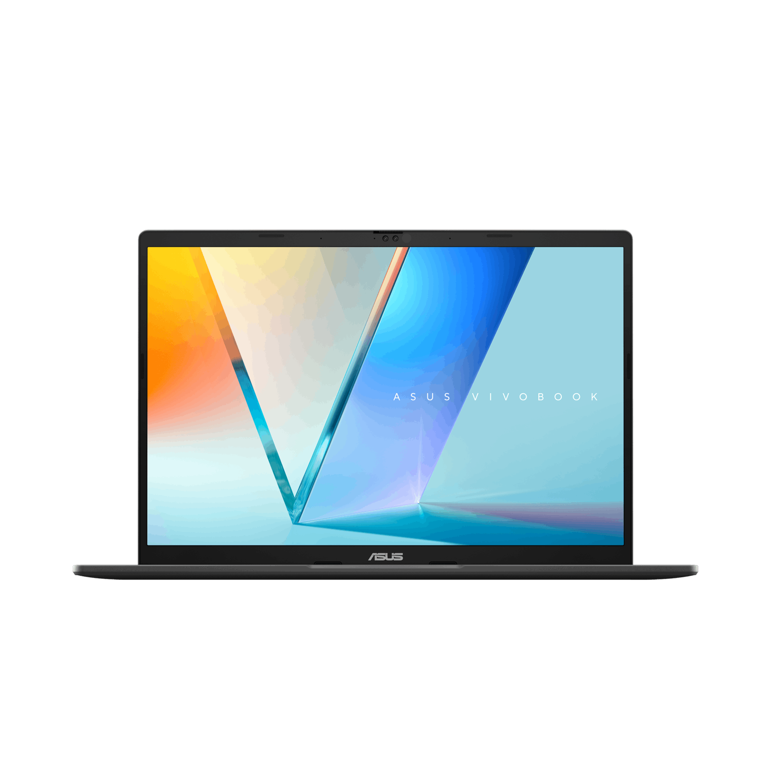 Laptop, open, met een kleurrijk scherm, vooraanzicht, op een witte achtergrond.