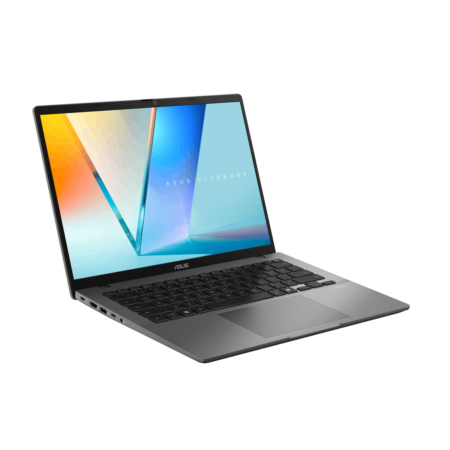 Grijze laptop, schuin, open, met kleurrijk scherm, op een witte achtergrond.