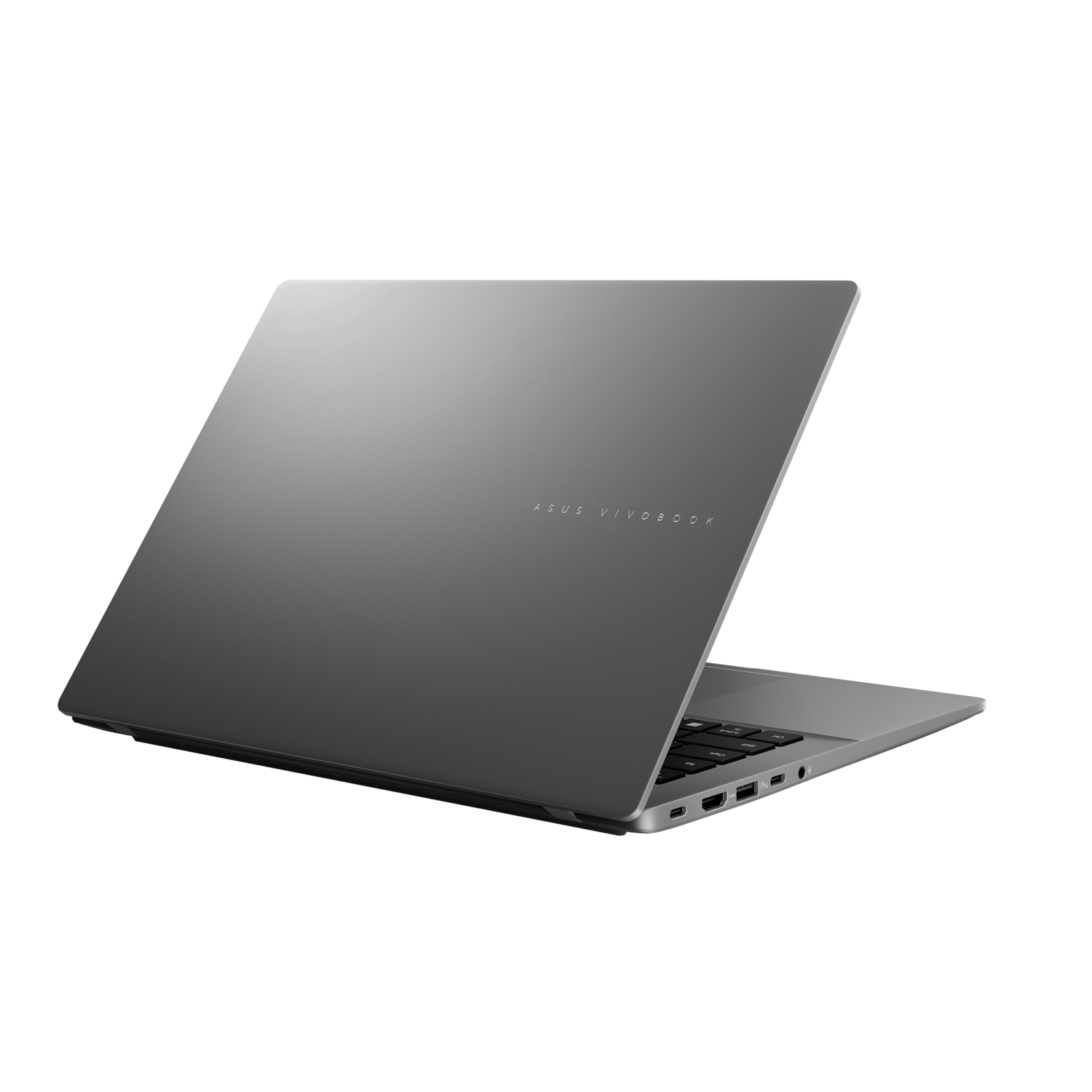 Grijze laptop, gesloten, schuin, achteraanzicht, op een witte achtergrond.