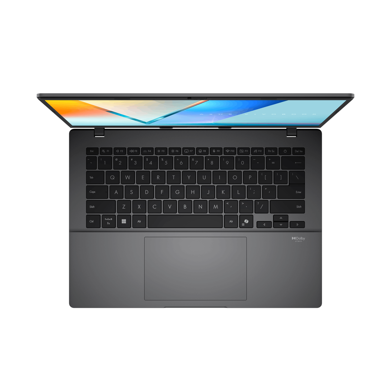Grijze laptop, open, bovenaanzicht, toetsenbord zichtbaar, op een witte achtergrond.
