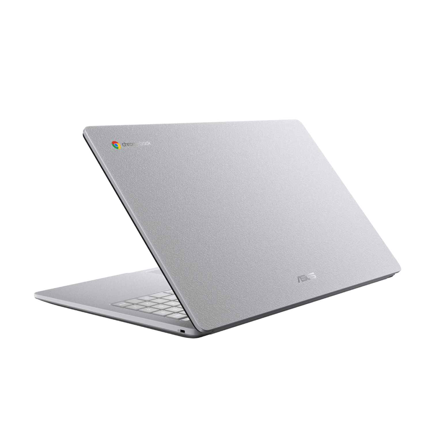 Silver Chromebook laptop from an angle. Showing the opened lid and the ASUS logo.