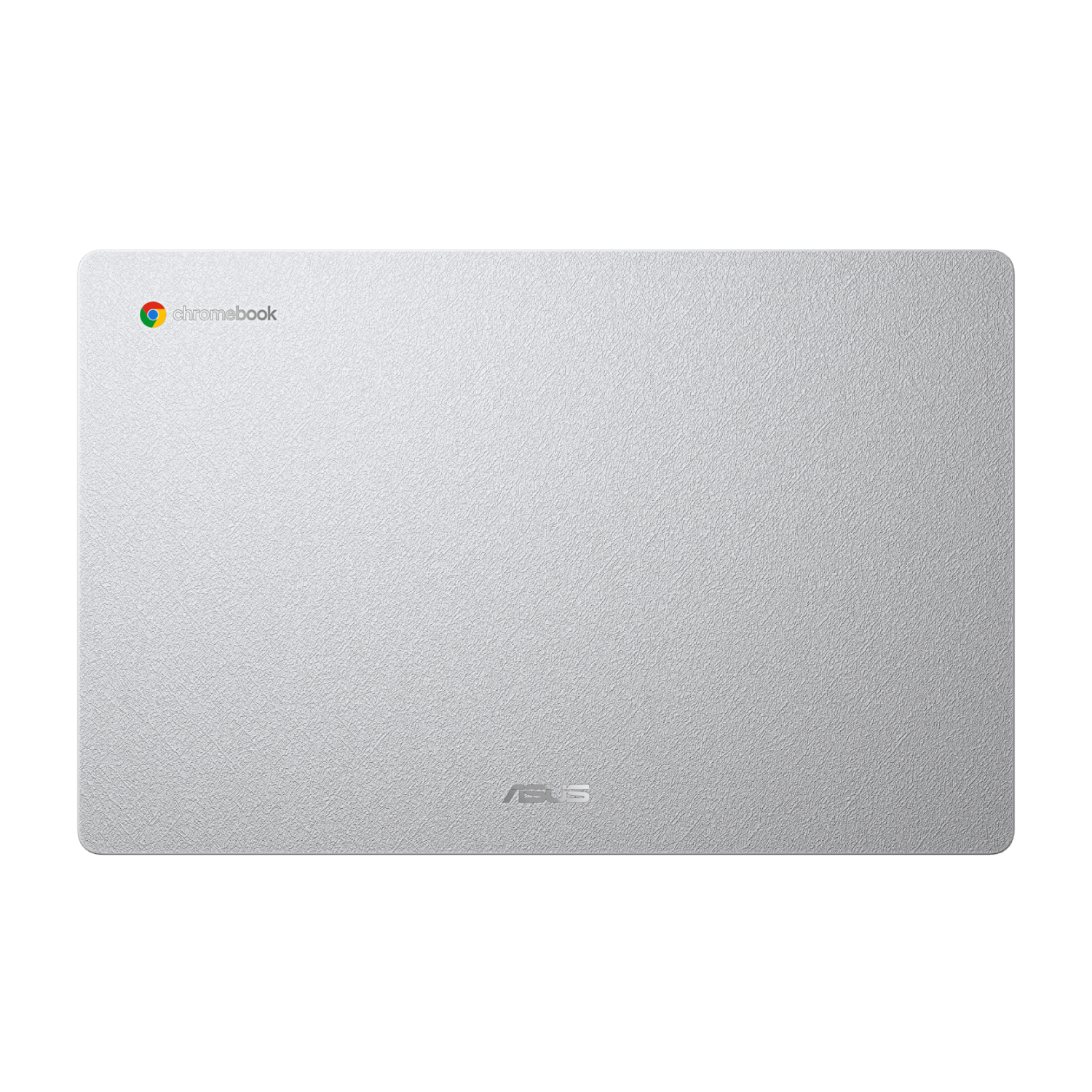Silver Chromebook laptop, top view. Showing the ASUS logo and the Chromebook logo.