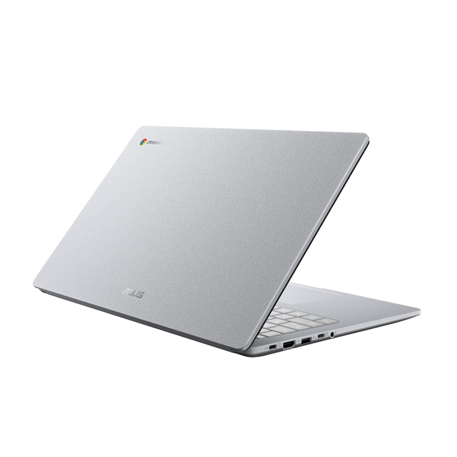 Silver Chromebook laptop, angled view. Showing the opened lid and the ASUS logo.
