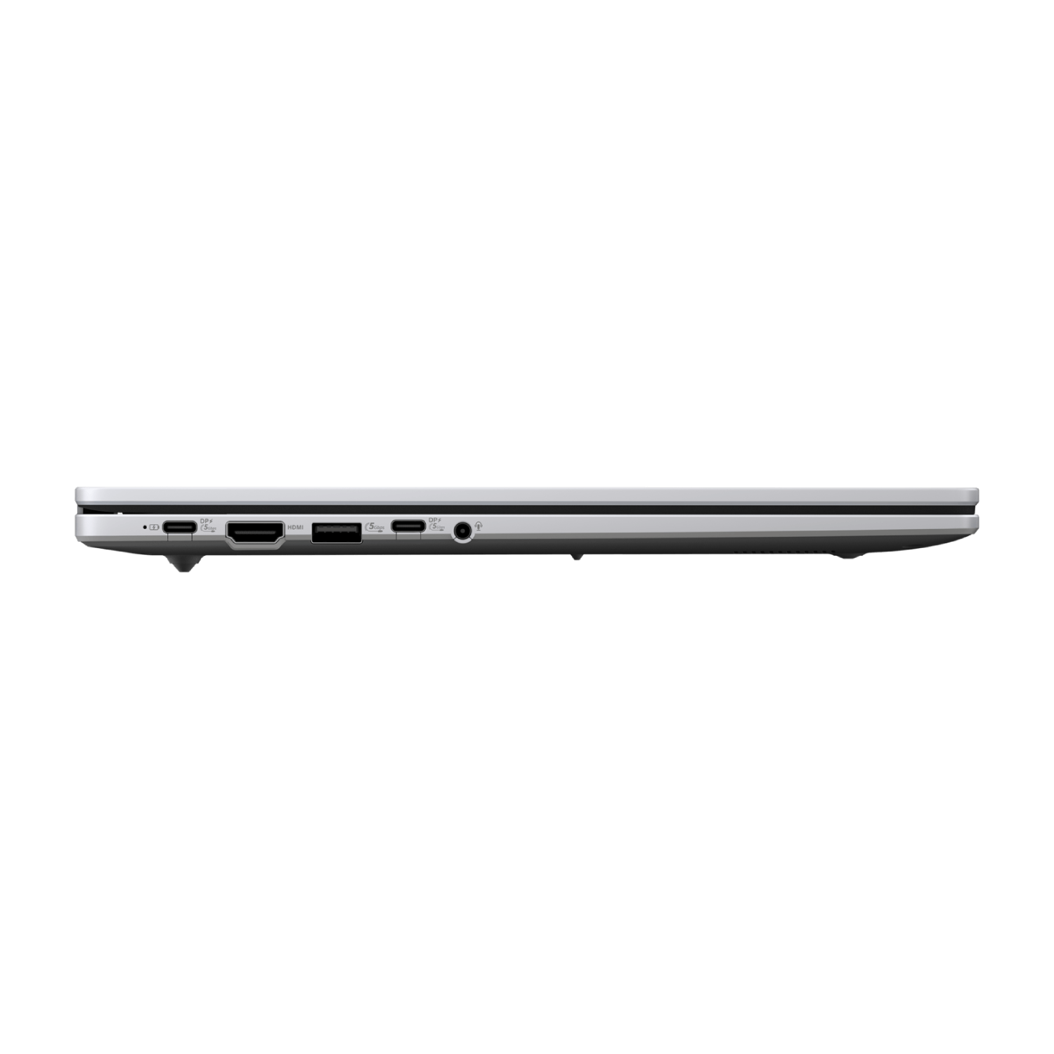 Side view of a silver Chromebook laptop, showing ports.