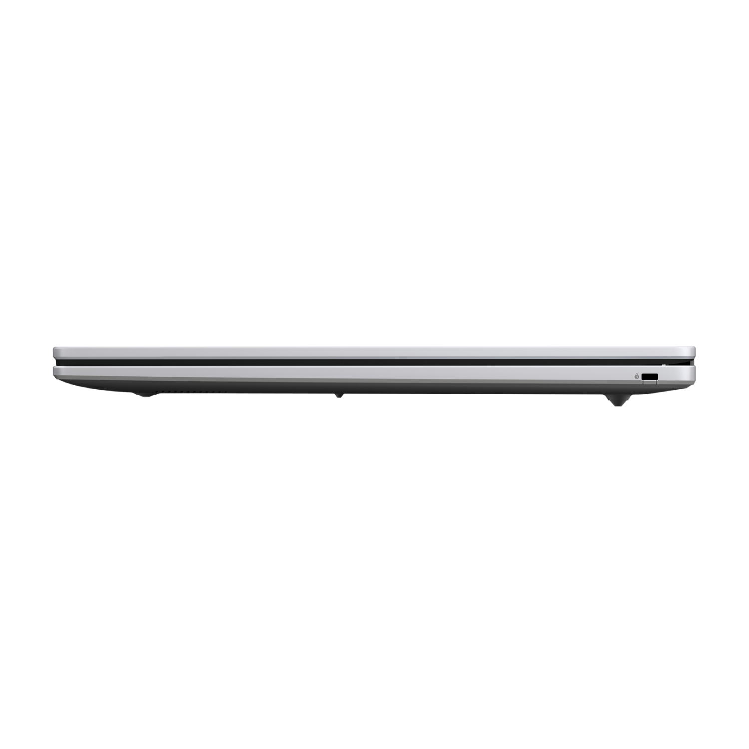 Side view of a silver Chromebook laptop, showing the closed lid.