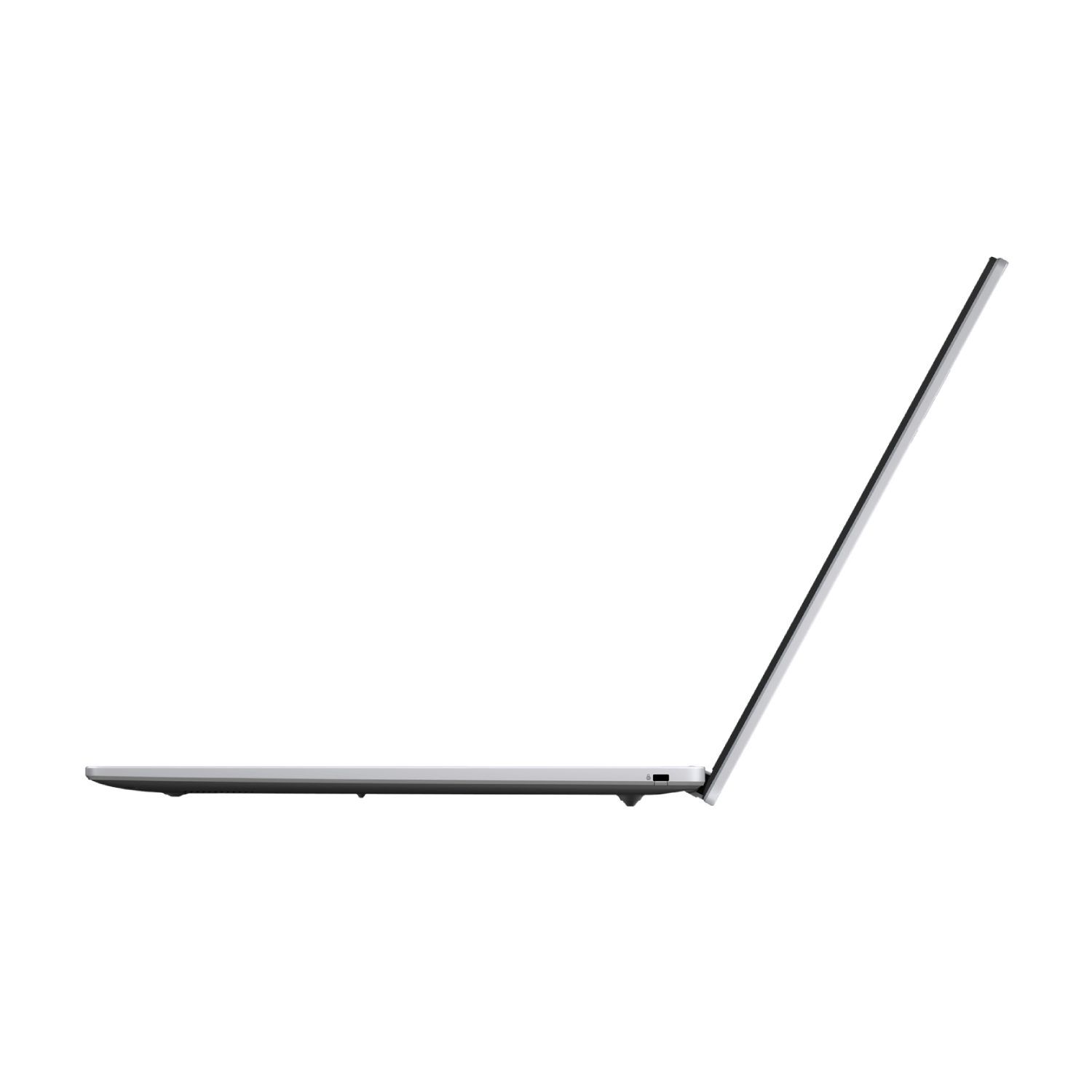 Side view of a silver Chromebook laptop, showing the opened lid.