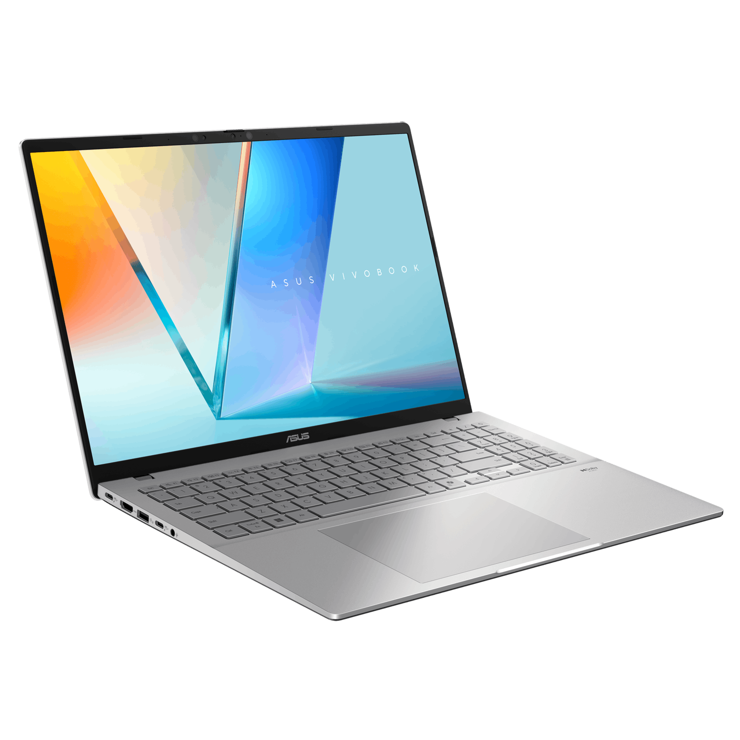 Silver laptop, at an angle, open. The screen shows a colorful abstract design. The keyboard is visible.