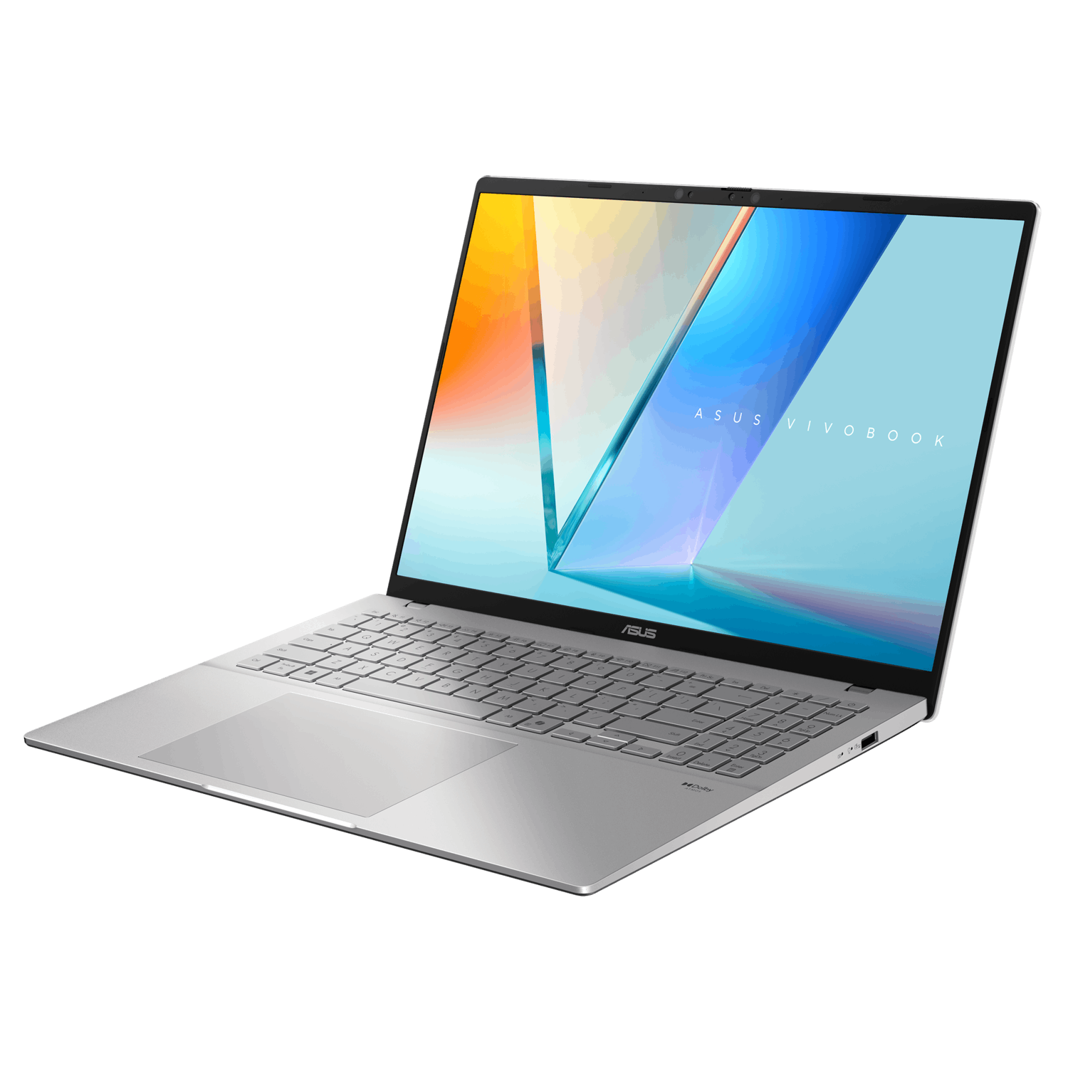 Silver laptop, open, at an angle, screen showing colorful abstract design. Keyboard and trackpad are visible.