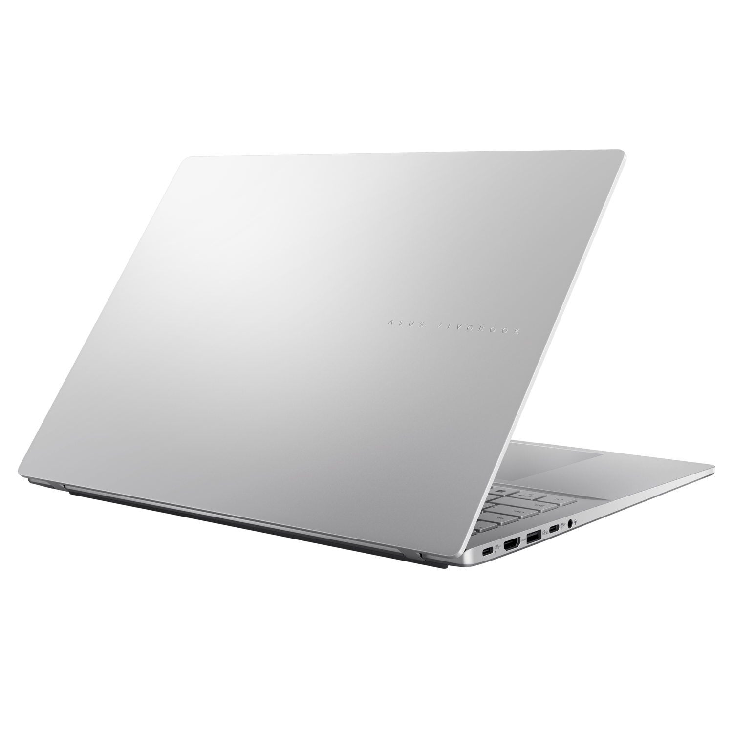 Silver laptop, closed, at an angle. The ASUS Vivobook logo is visible on the lid.