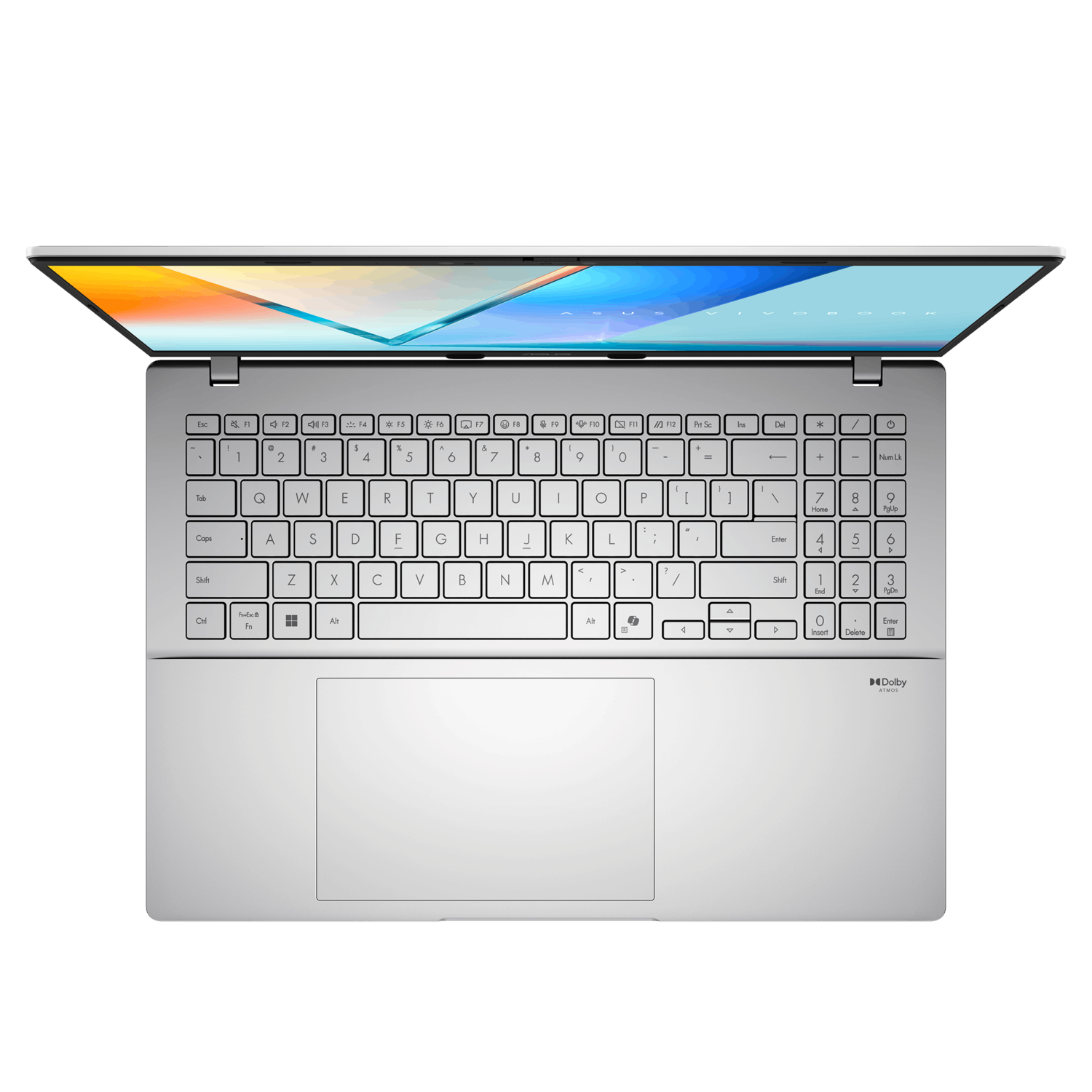 Silver laptop, open, top view. Keyboard, trackpad, and the screen are visible.