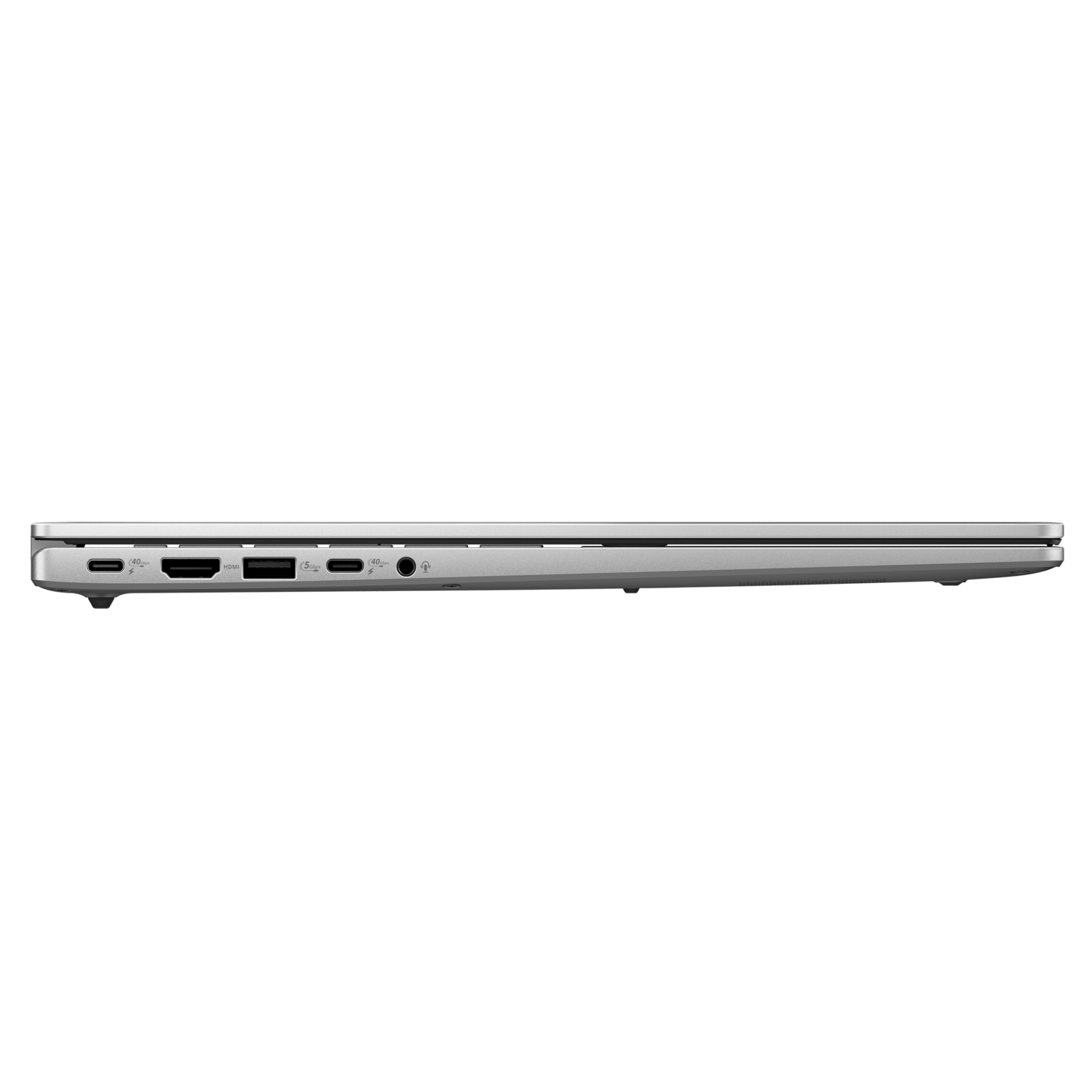 Side view of silver laptop. Showing ports. HDMI, USB-C, and audio jack are visible.