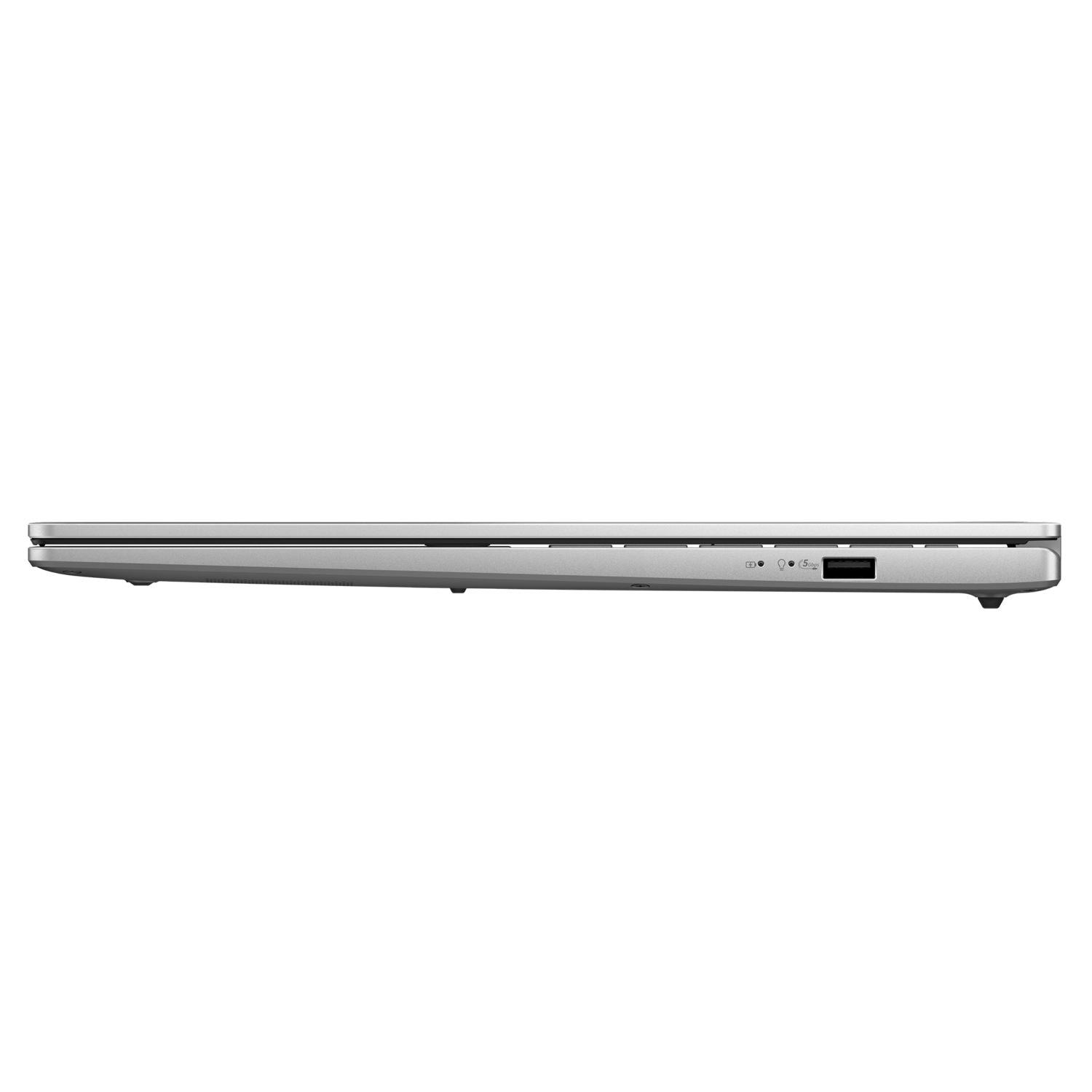 Side view of a silver laptop. Shows USB port, power indicator and headphone jack.