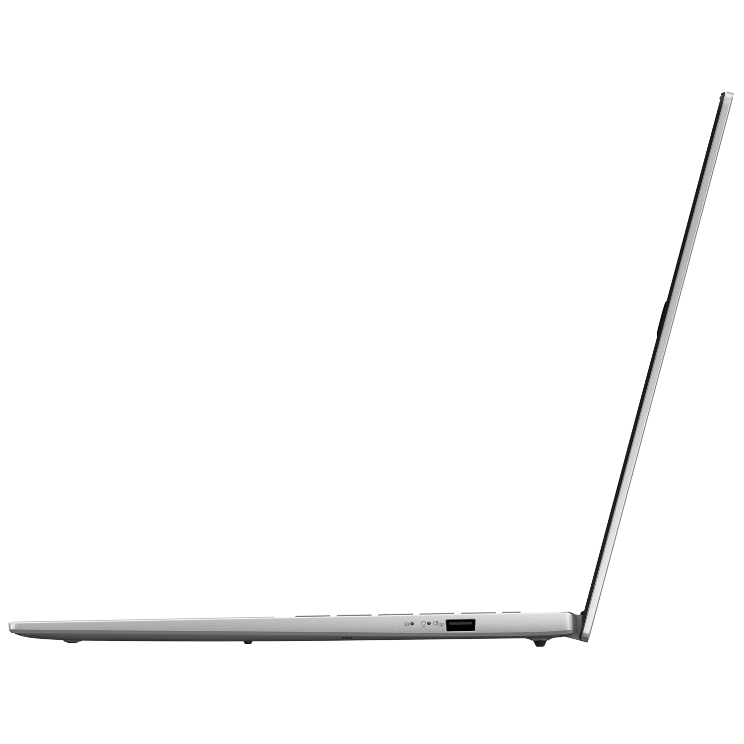 Silver laptop, open, at an angle, with the screen partially open.