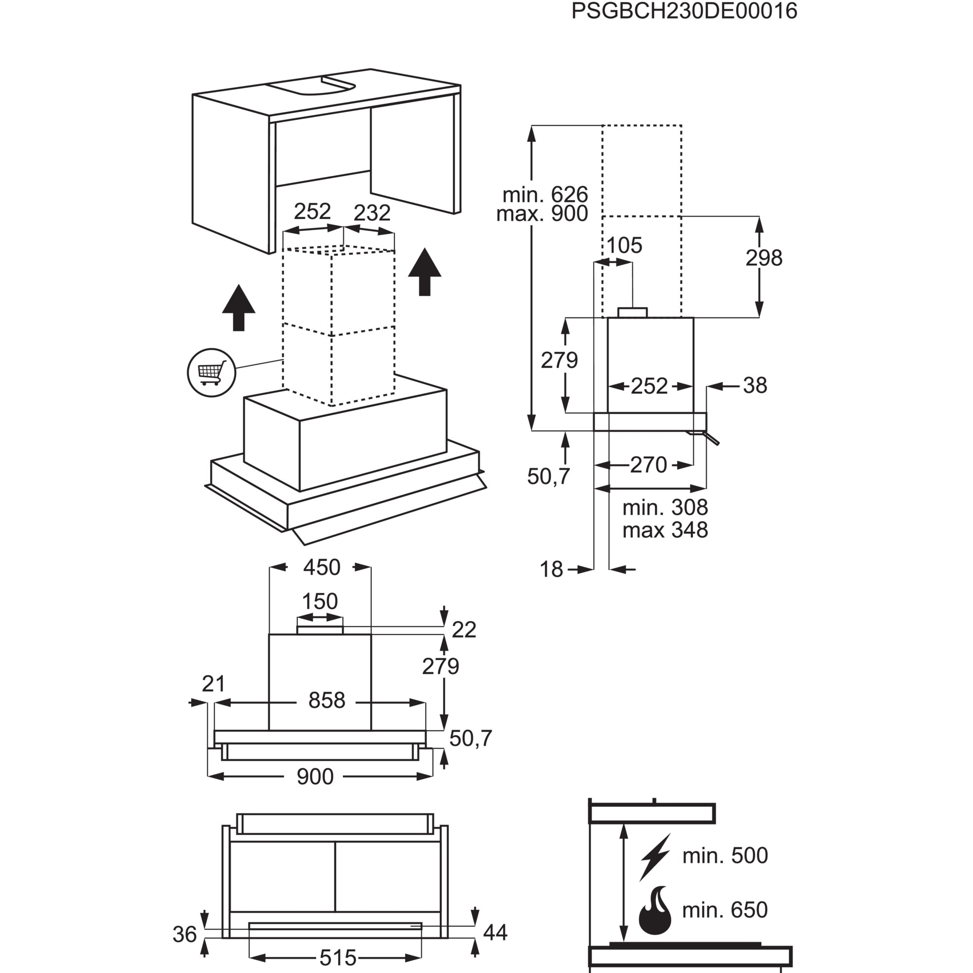Konyhai elszívó ventilátor diagramja méretekkel. Nyilak mutatják az összeszerelést. Méretek milliméterben.