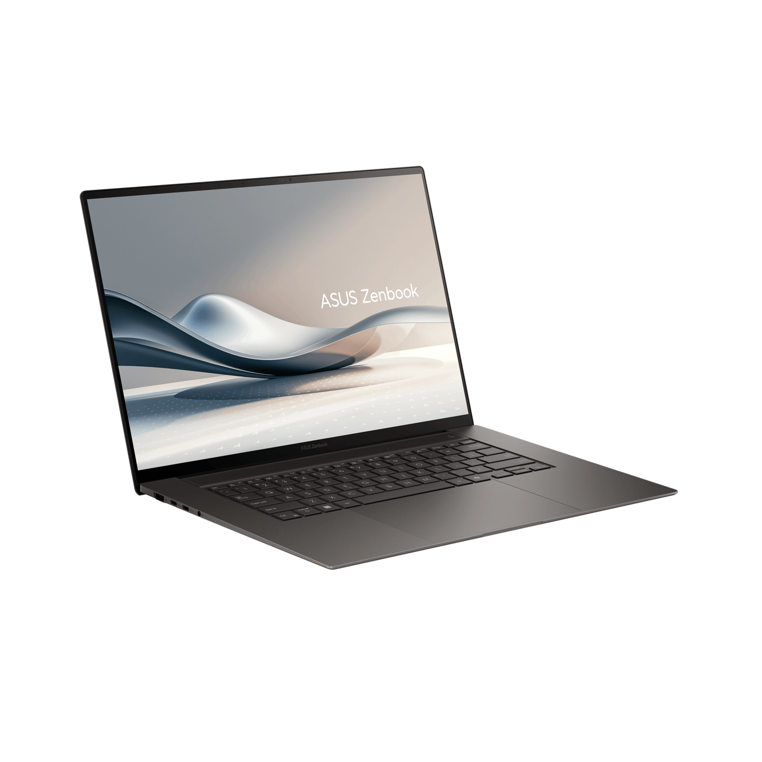 Gray ASUS Zenbook laptop, angled view, on a white background. Screen on.