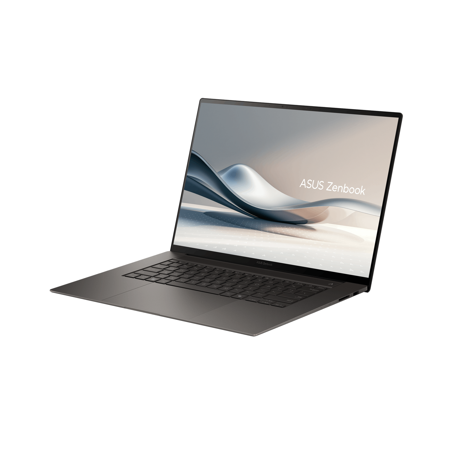 Gray ASUS Zenbook laptop, angled view, white background. Screen on.