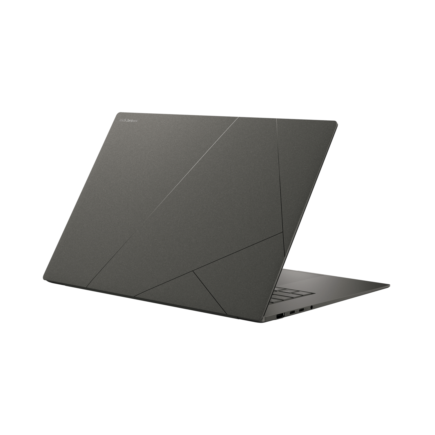 Laptop, back view, gray color, geometric design. ASUS logo is visible.
