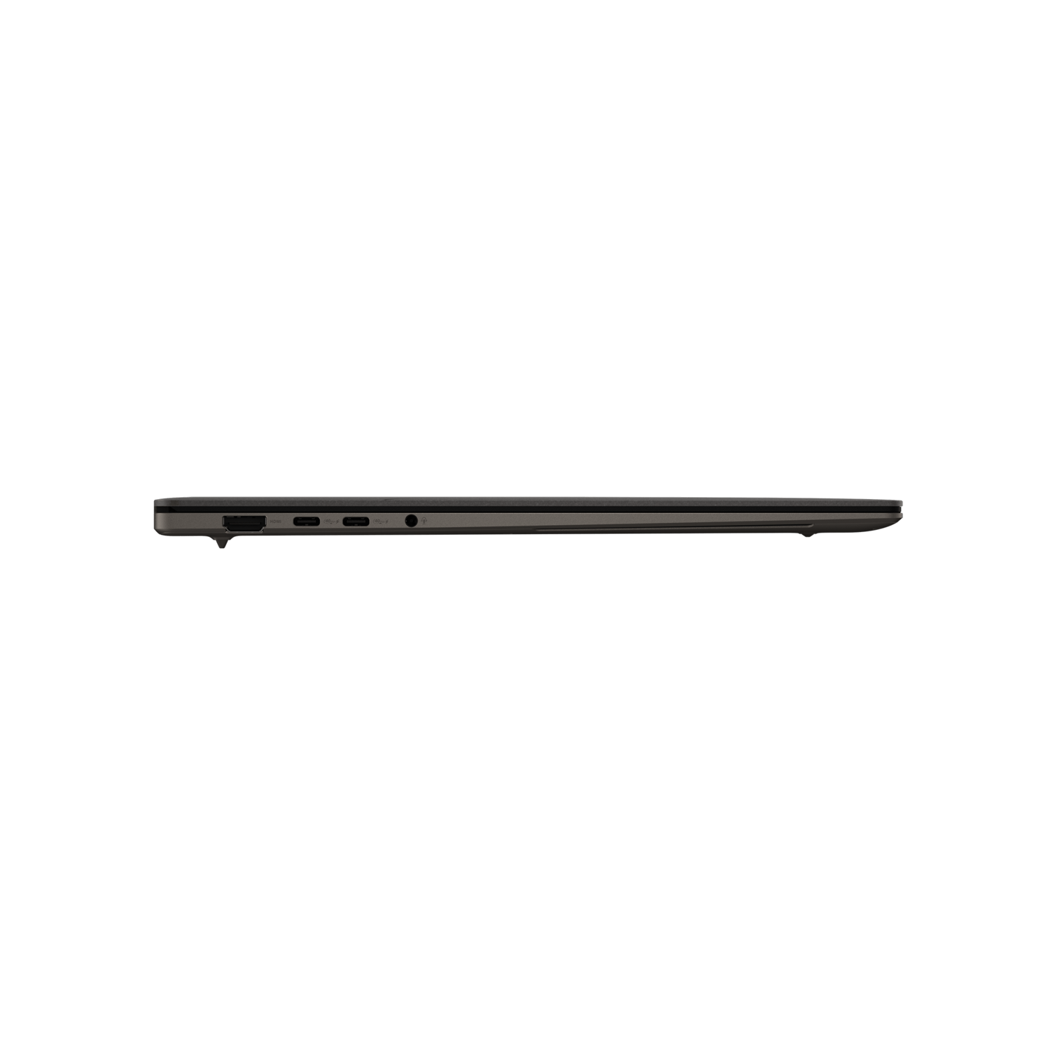 Laptop side view. Ports and charging port are visible. Gray color.