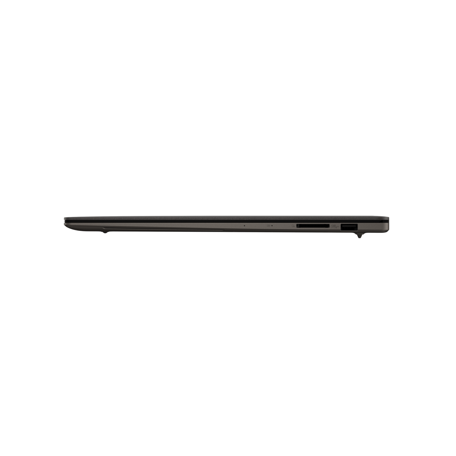 Laptop side view, showing ports. Gray color. SD card slot is visible.