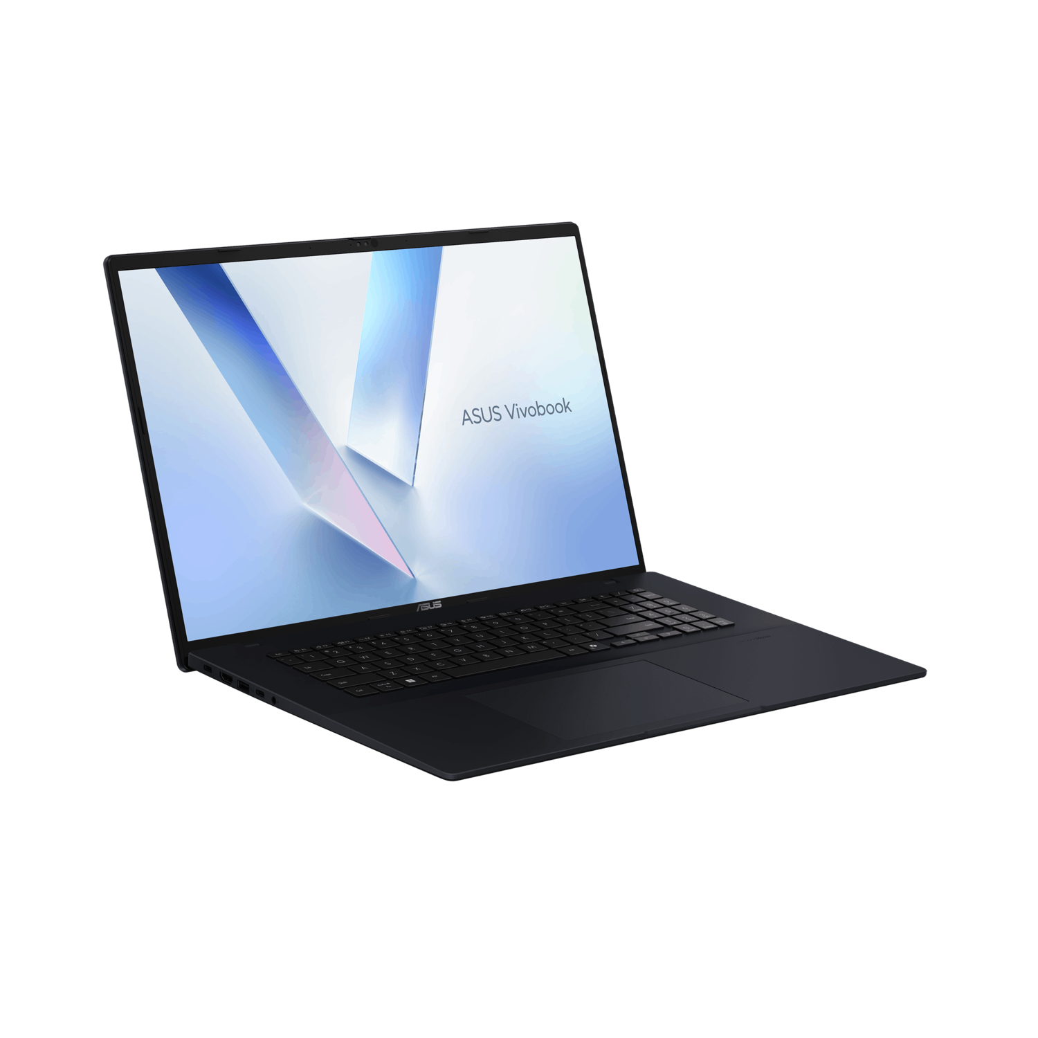 ASUS Vivobook laptop. Screen on, angled view. Black color. ASUS Vivobook logo visible.