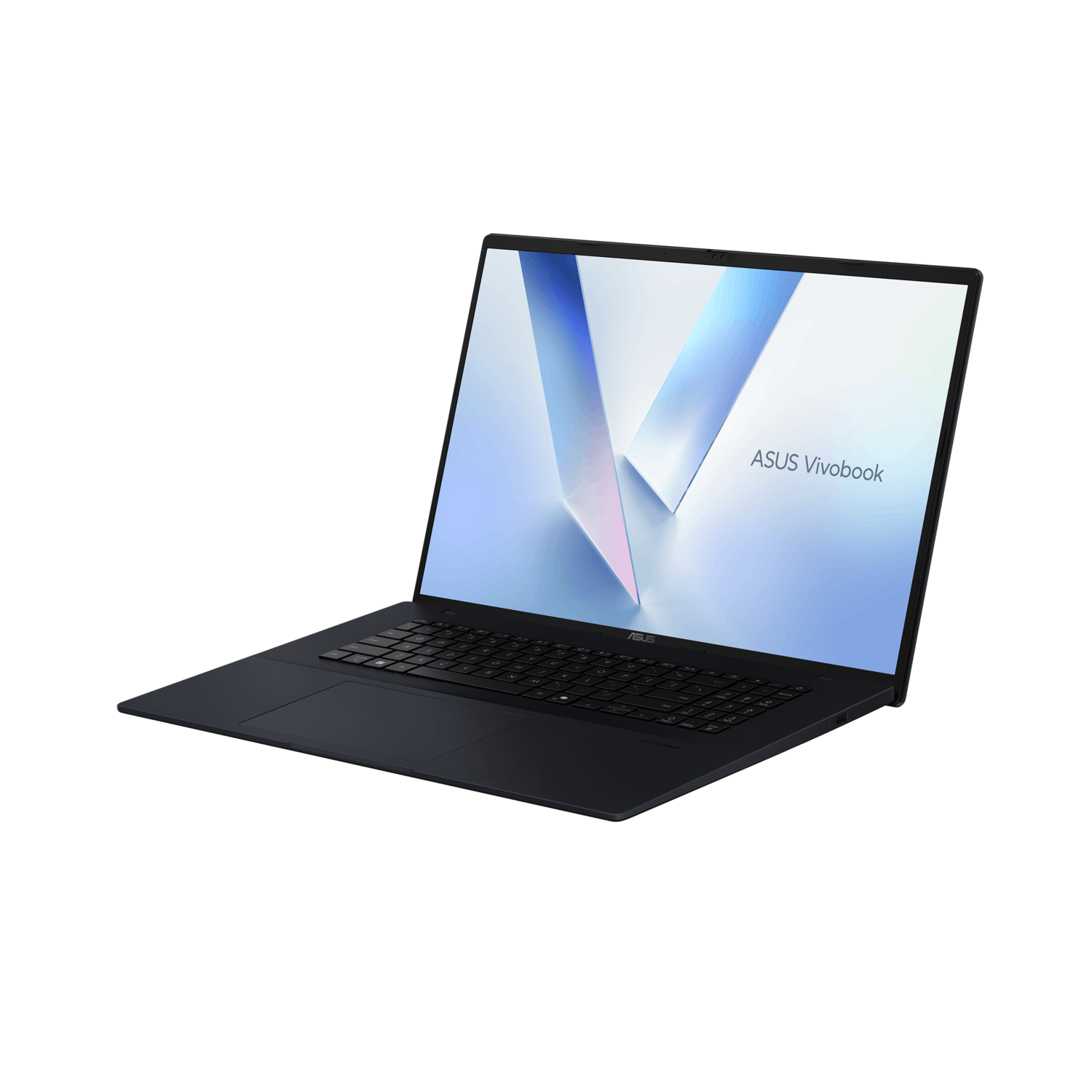 ASUS Vivobook laptop. Screen is open, angled view, black color. White background.
