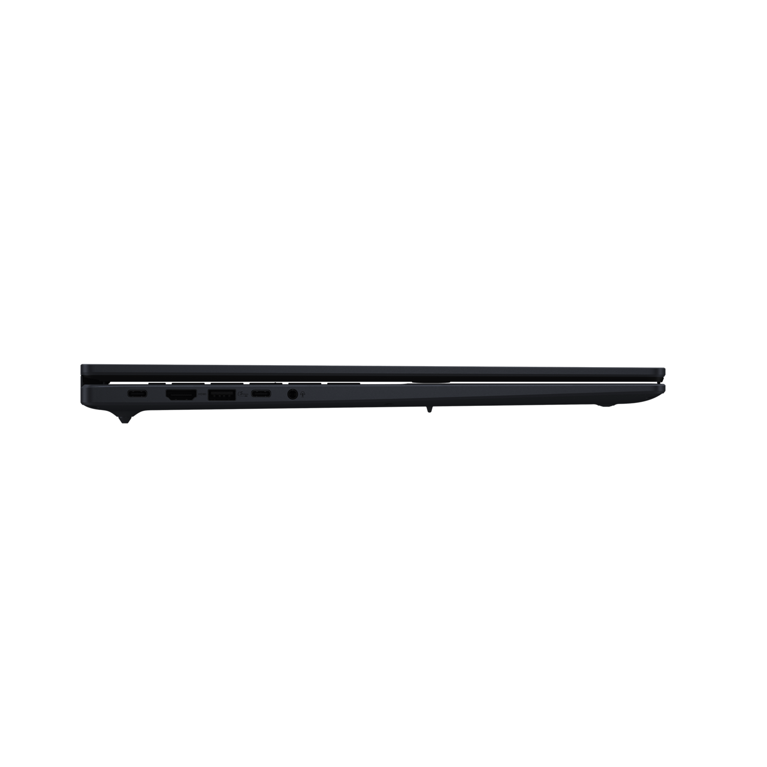 Laptop side view. Black color. Ports visible. Sleek design.