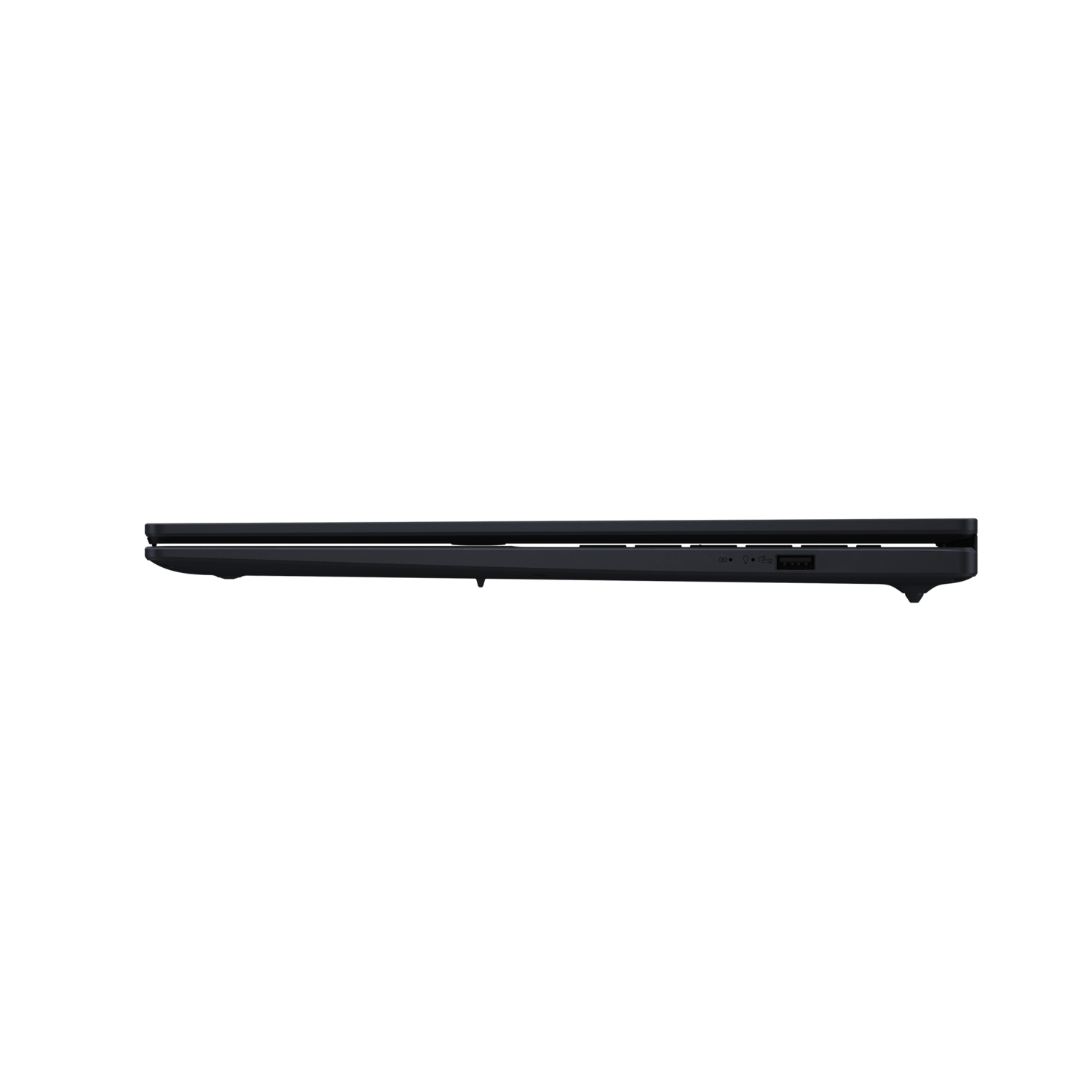 Laptop side view, black color. Ports visible. Clean design.