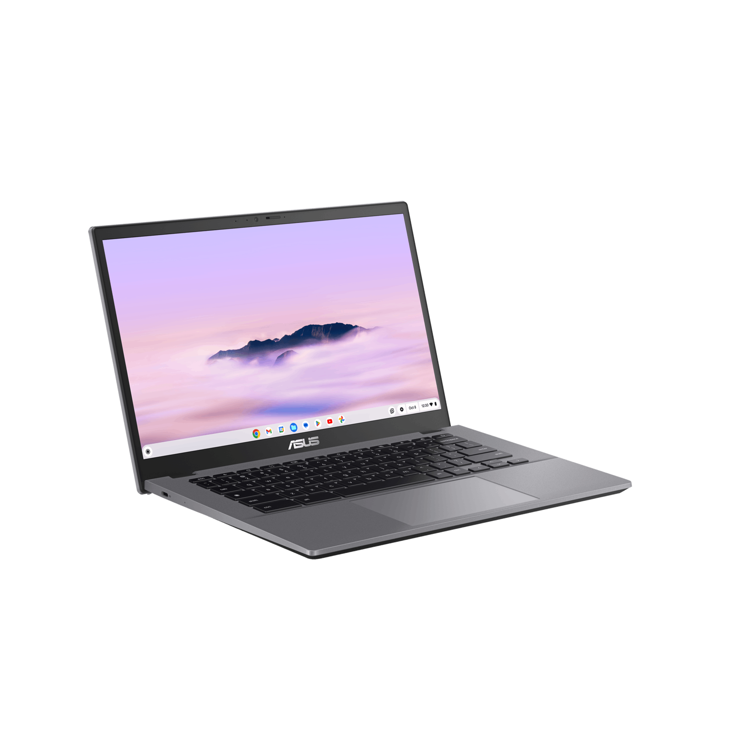 ASUS Chromebook, grijs, open, scherm toont landschapsafbeelding met bergen en witte wolken.