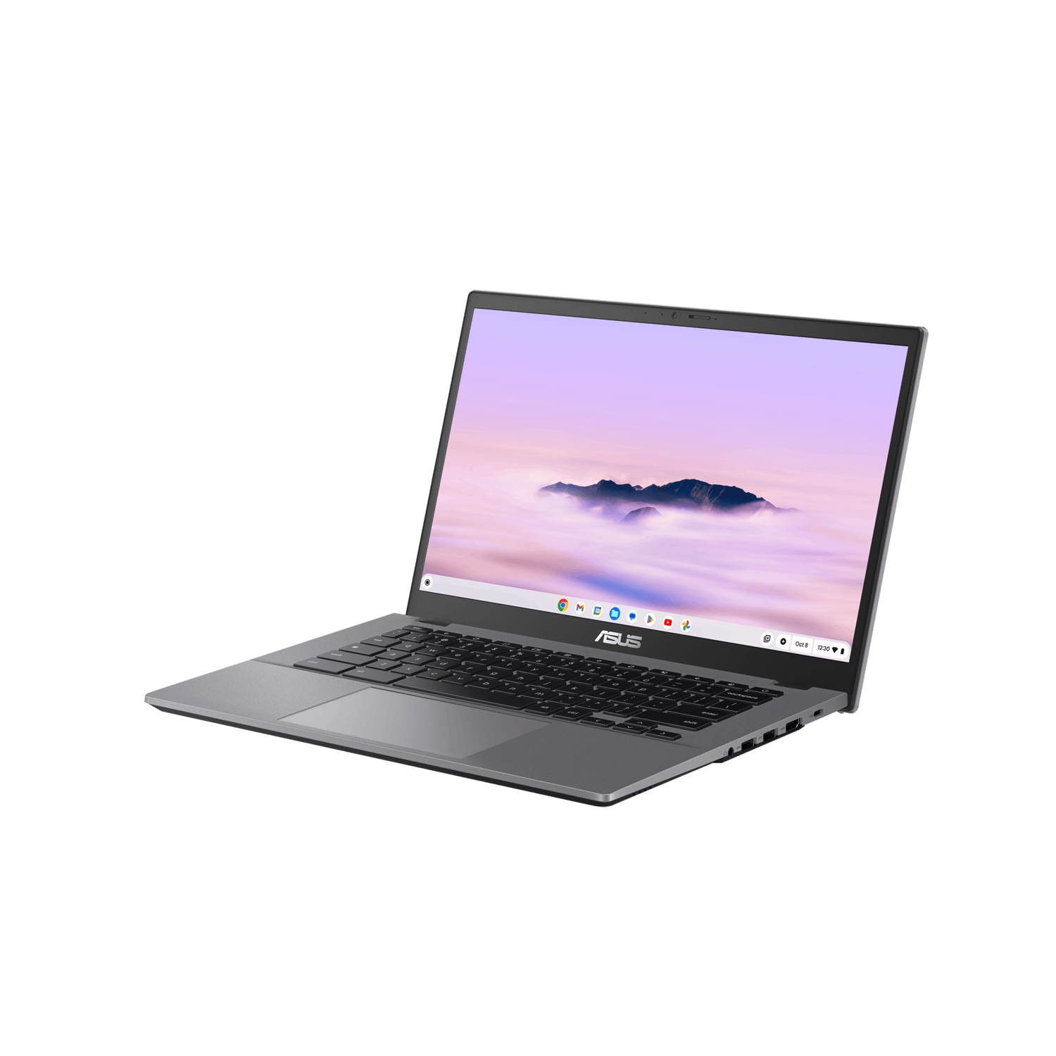 Grijze ASUS Chromebook, open, met landschapsafbeelding met bergen, witte wolken en chrome-iconen.