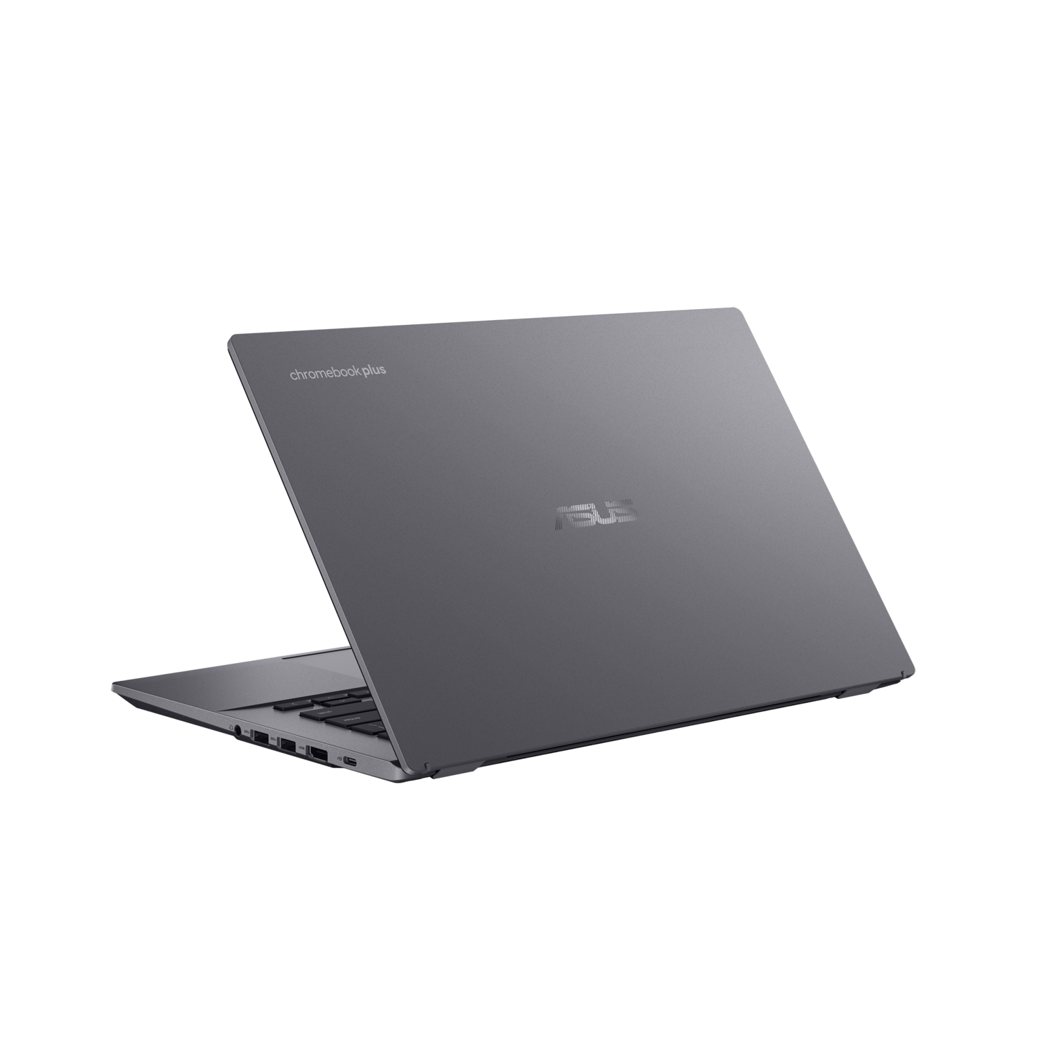 Grijze ASUS Chromebook Plus, achteraanzicht, met het logo op de cover en het woord Chromebook Plus.