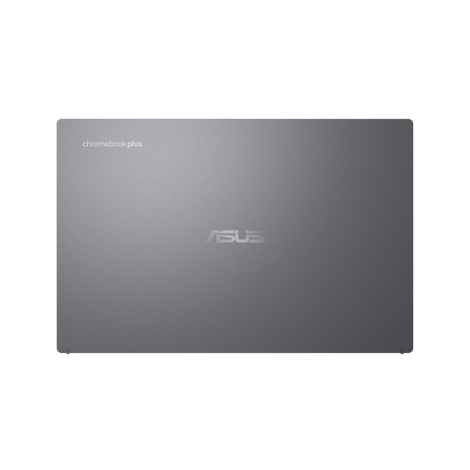 Bovenaanzicht van een gesloten grijze ASUS Chromebook Plus laptop, met logo en Chromebook Plus tekst.