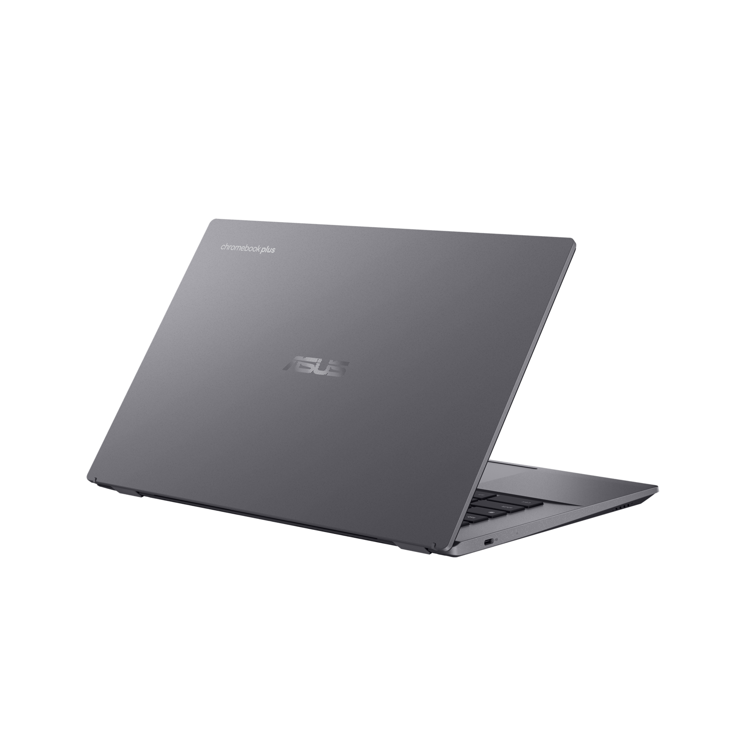 Grijze ASUS Chromebook Plus, achteraanzicht, met het logo en de woorden Chromebook Plus.
