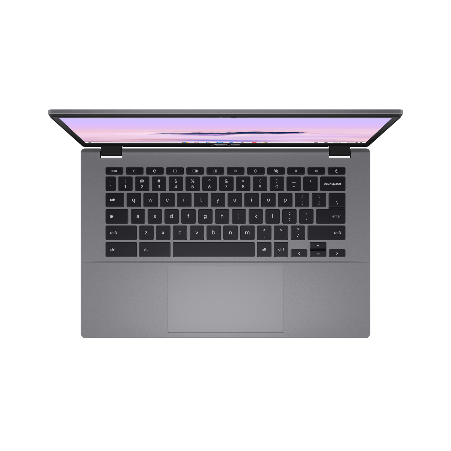 Bovenaanzicht van een grijze ASUS Chromebook, open, toetsenbord zichtbaar, met een lichtgekleurde achtergrond.