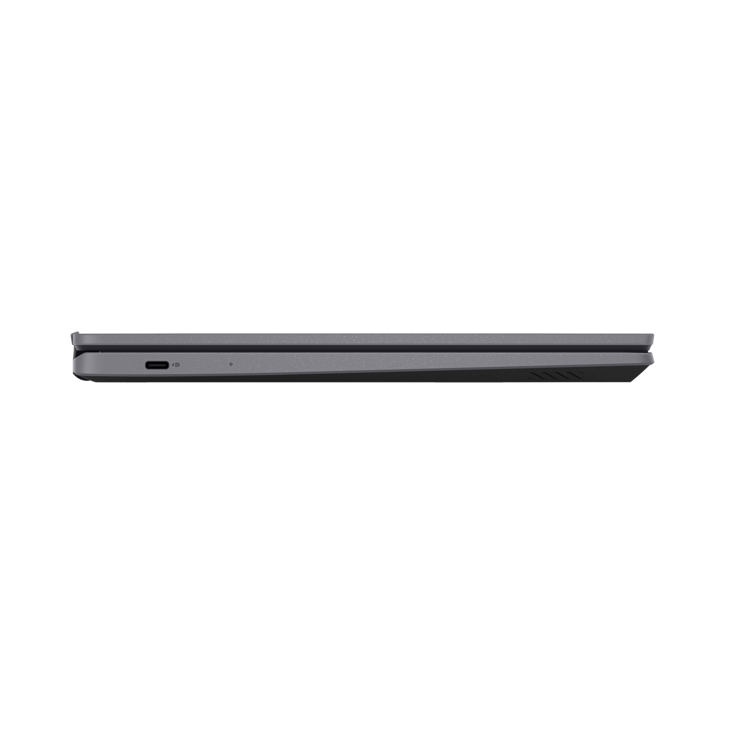 Zijaanzicht van een grijze ASUS laptop, met de zijkantpoorten en een donkere achtergrond.
